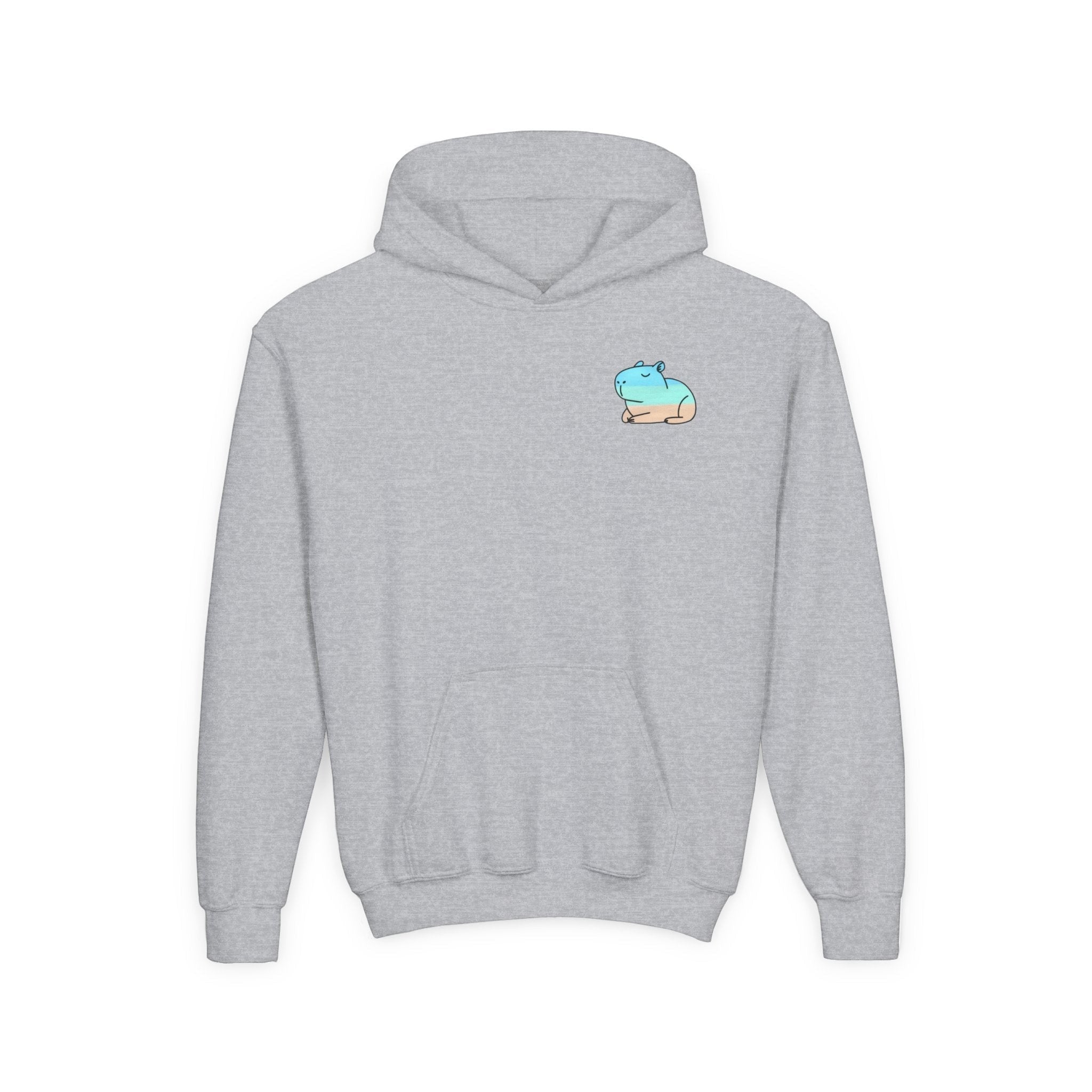 Capy Life kids grey pullover hoodie with a small, minimalist coastal capybara graphic on the chest.