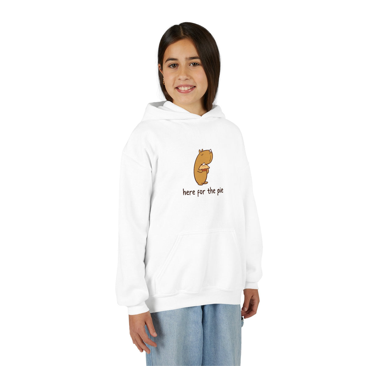 Capy Life kids white hoodie featuring a cute capybara holding a slice of pie with the text here for the pie