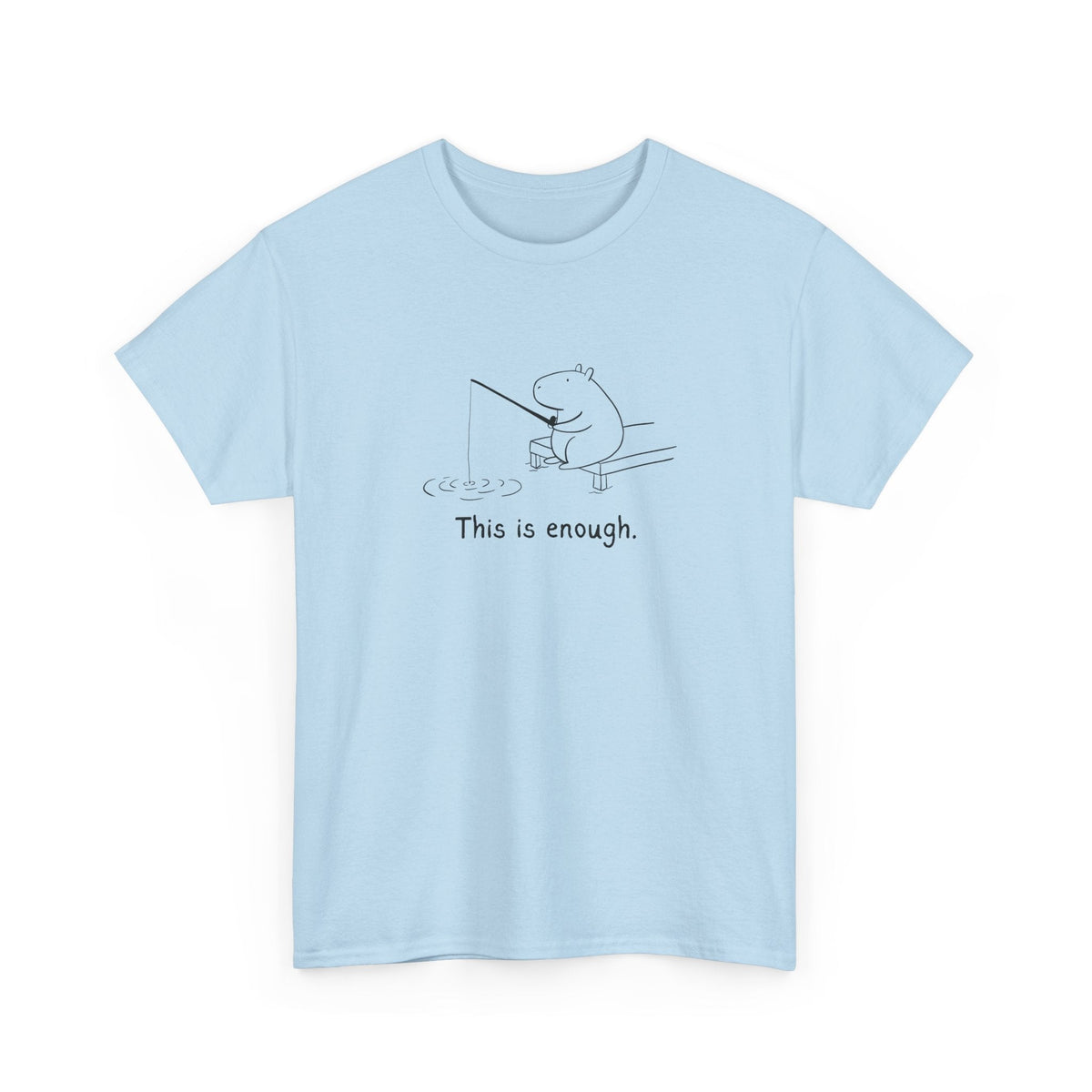 Capy Life light blue heavy cotton t-shirt featuring a minimalist black line drawing of a capybara fishing.