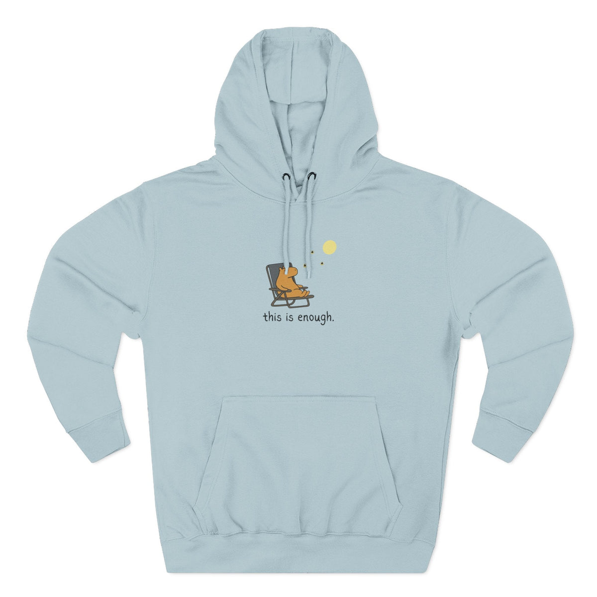 Capy Life light blue fleece hoodie featuring a minimalist graphic of a capybara relaxing under a moon with text.