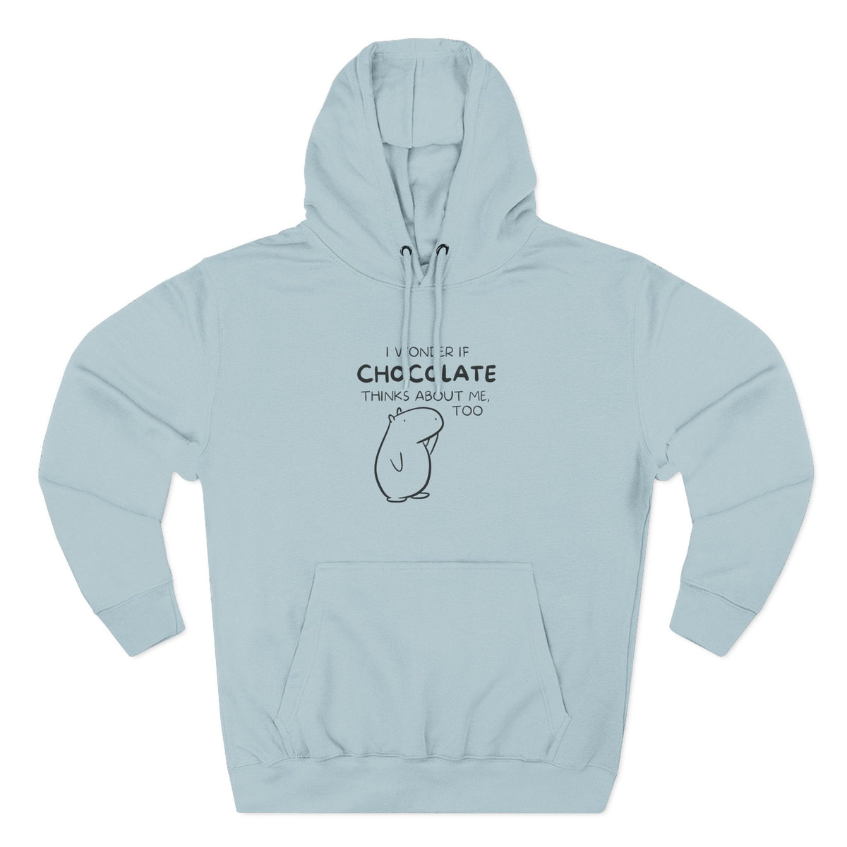 Capy Life light blue premium hoodie featuring Gene the Capybara line art and I wonder if chocolate thinks about me too