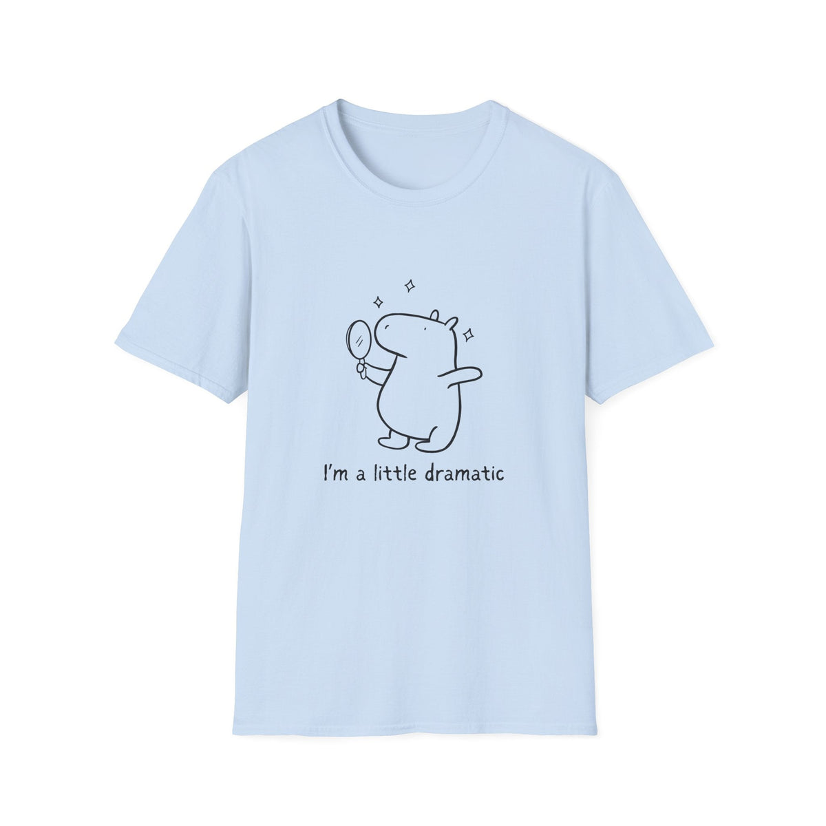 Capy Life light blue cotton t-shirt featuring a minimalist line drawing of a capybara looking into a hand mirror.