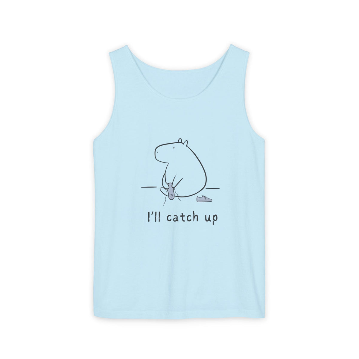 Capy Life light blue Comfort Colors tank top featuring a minimalist capybara illustration and I'll catch up text.