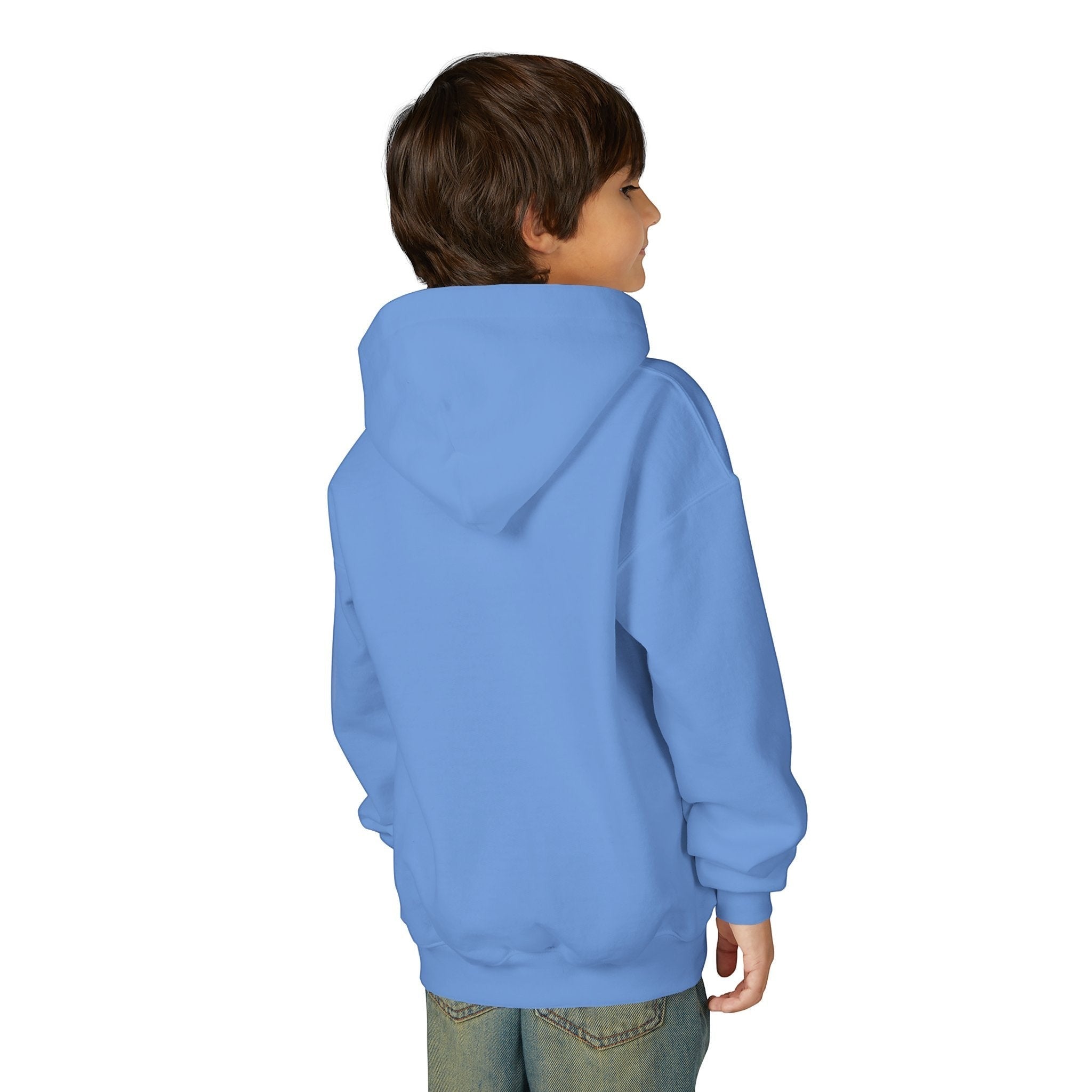 Capy Life kids light blue pullover hoodie worn by a child, back view showing the cozy cotton-blend fabric