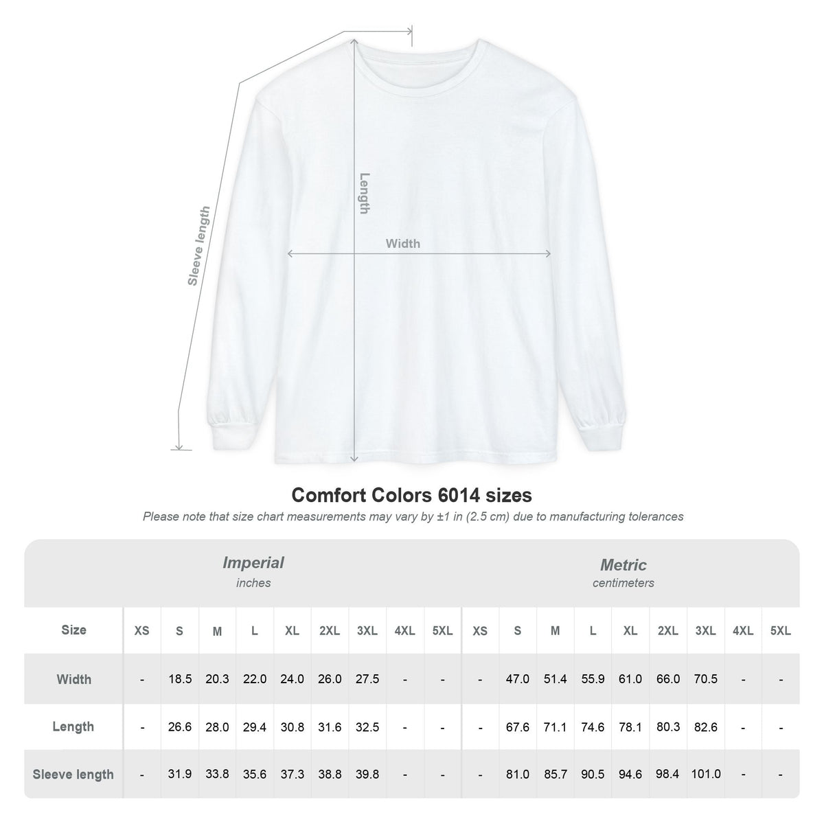 Capy Life size chart for Comfort Colors 6014 long sleeve tee showing width, length, and sleeve length measurements.