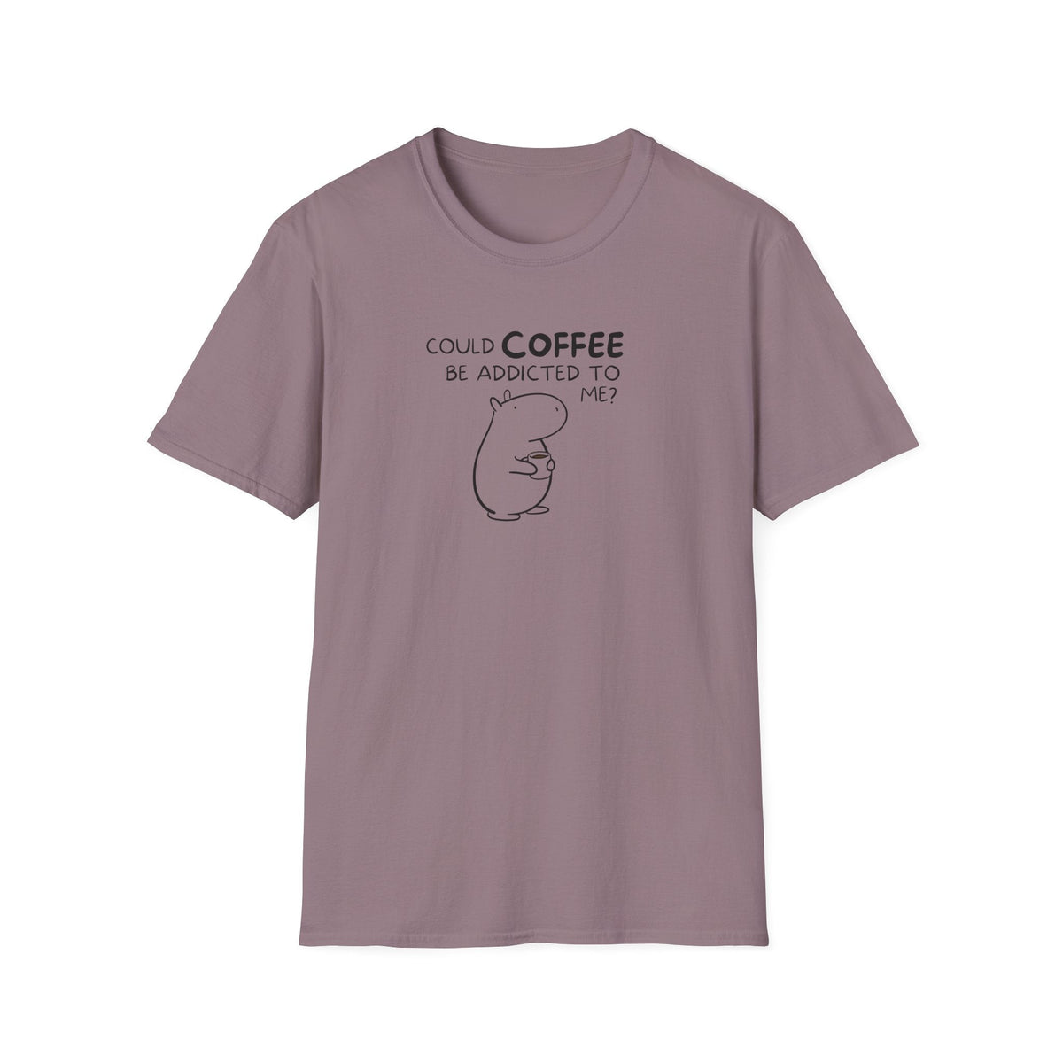 Capy Life softstyle t-shirt in mauve featuring a minimalist black line drawing of Gene the capybara holding coffee.