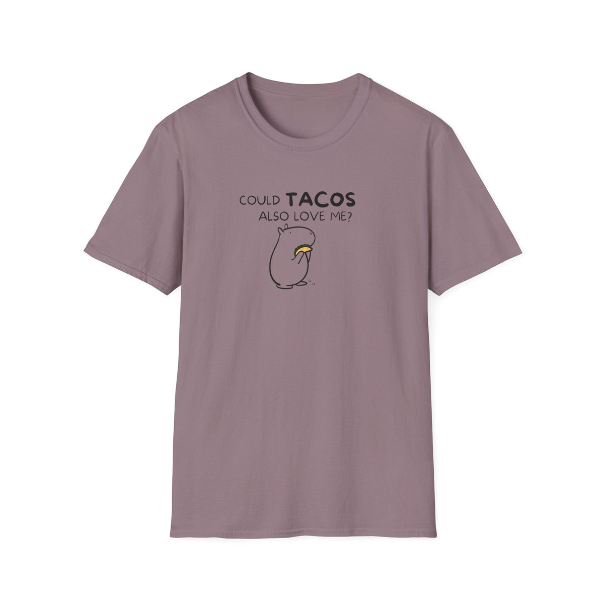 Capy Life mauve crewneck t-shirt featuring a minimalist black line art graphic of a capybara holding a taco.