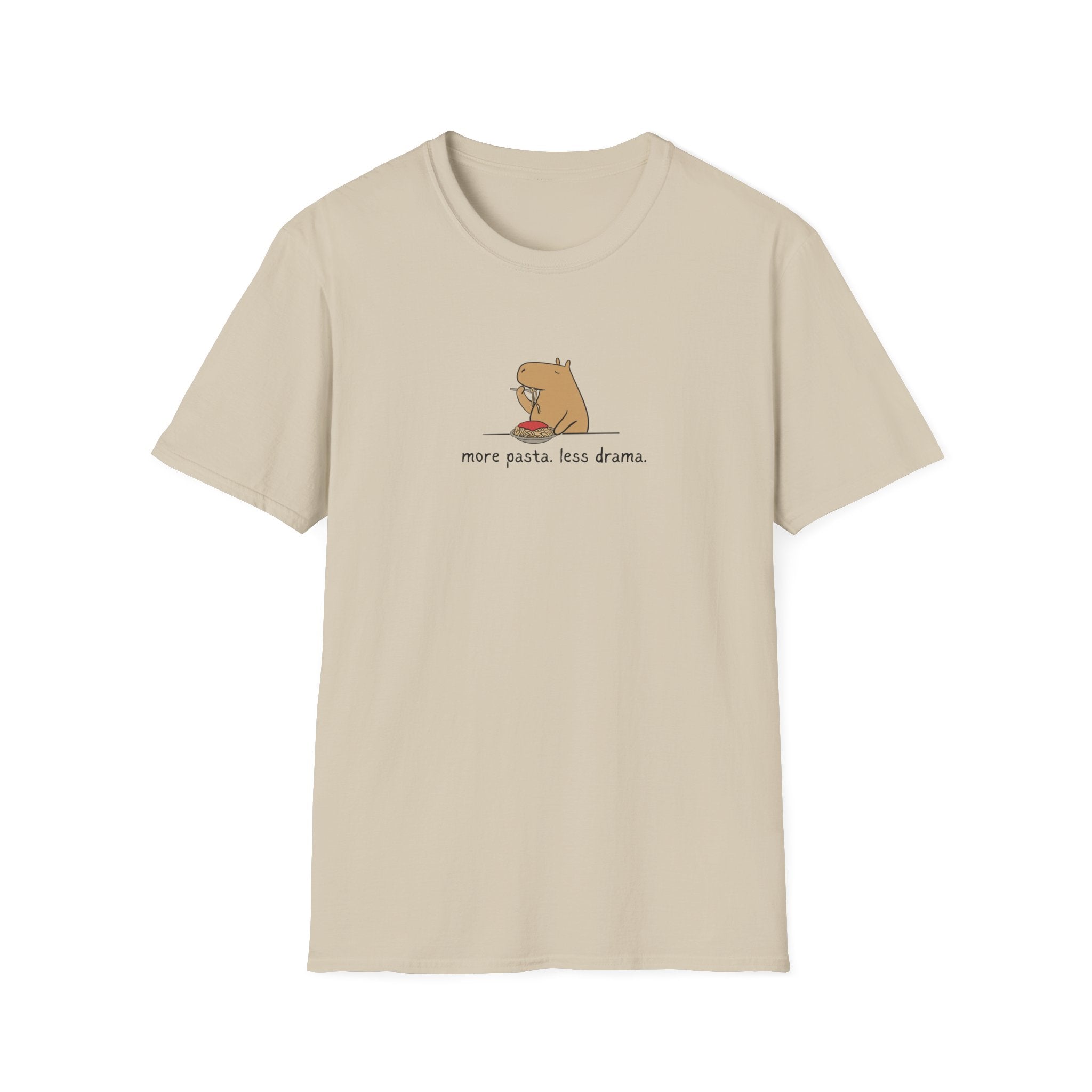 Capy Life beige softstyle t-shirt with a minimalist graphic of a capybara eating spaghetti and more pasta less drama text
