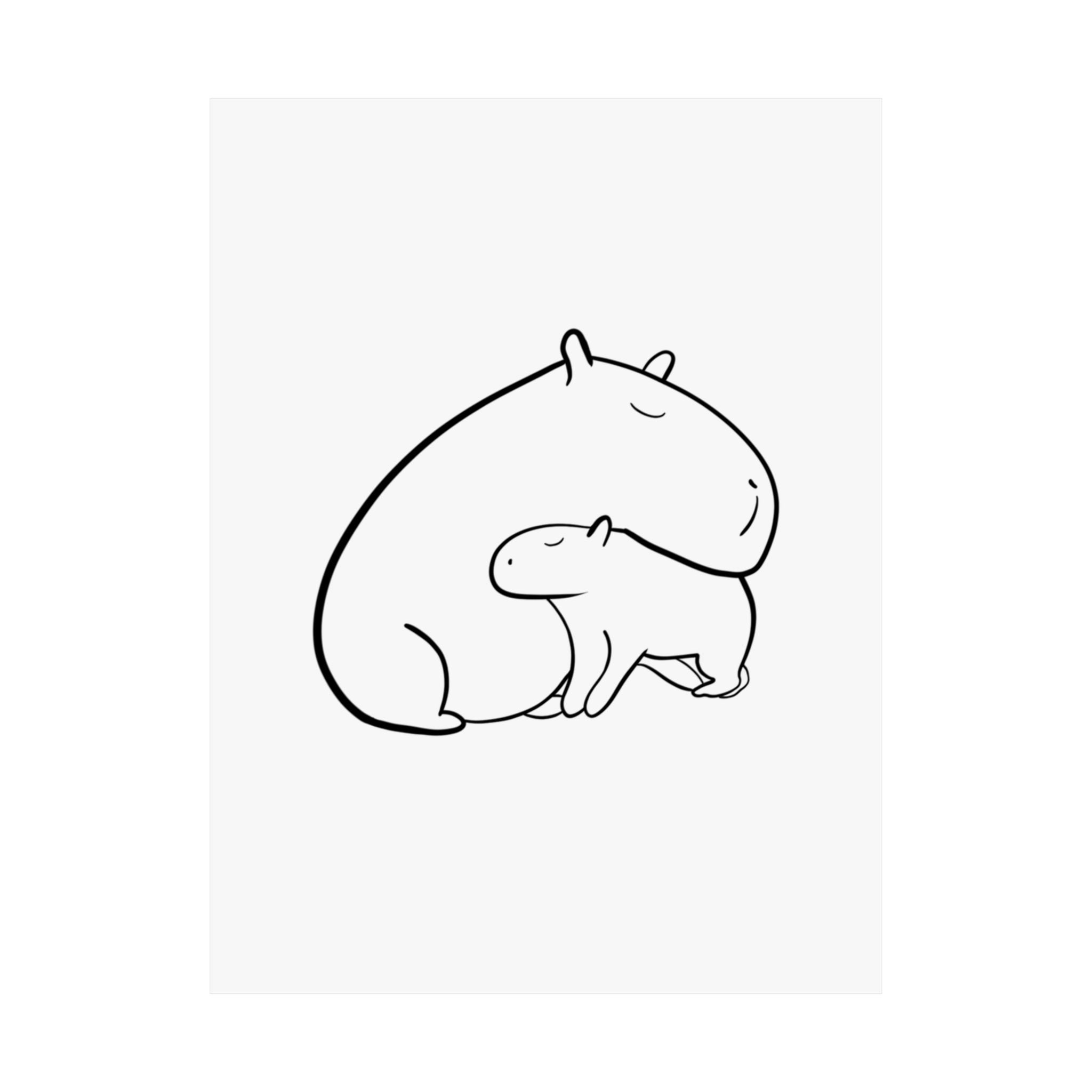 Capy Life minimalist black line art print featuring a parent and baby capybara in a gentle, calming embrace.