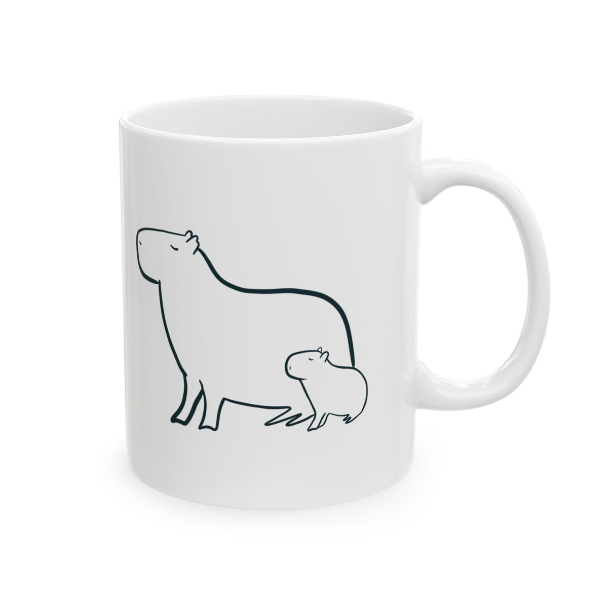 Capy Life white ceramic mug featuring a minimalist black line drawing of a mother capybara and her baby.