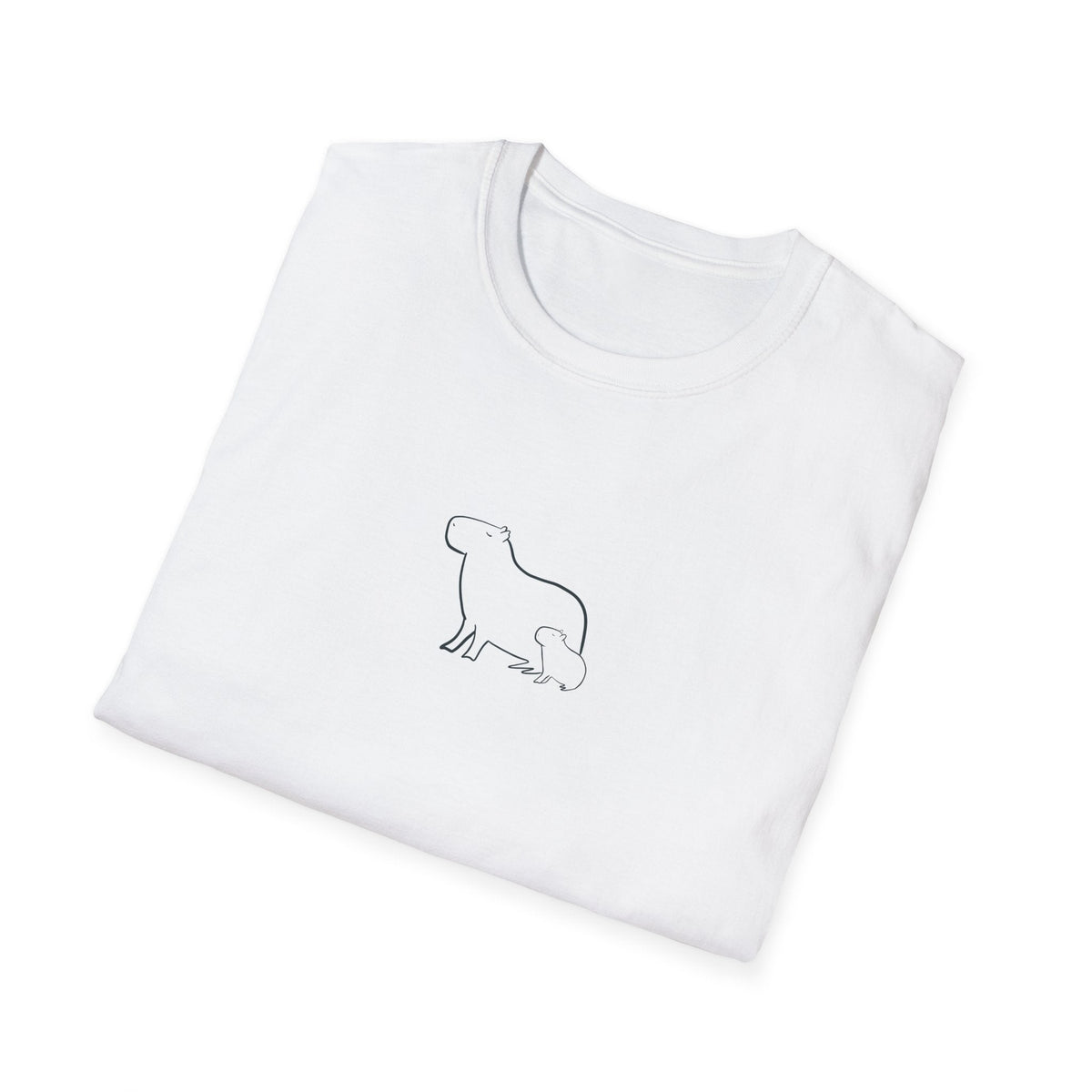 Capy Life white cotton t-shirt featuring a minimalist black line drawing of a mother capybara and her baby.