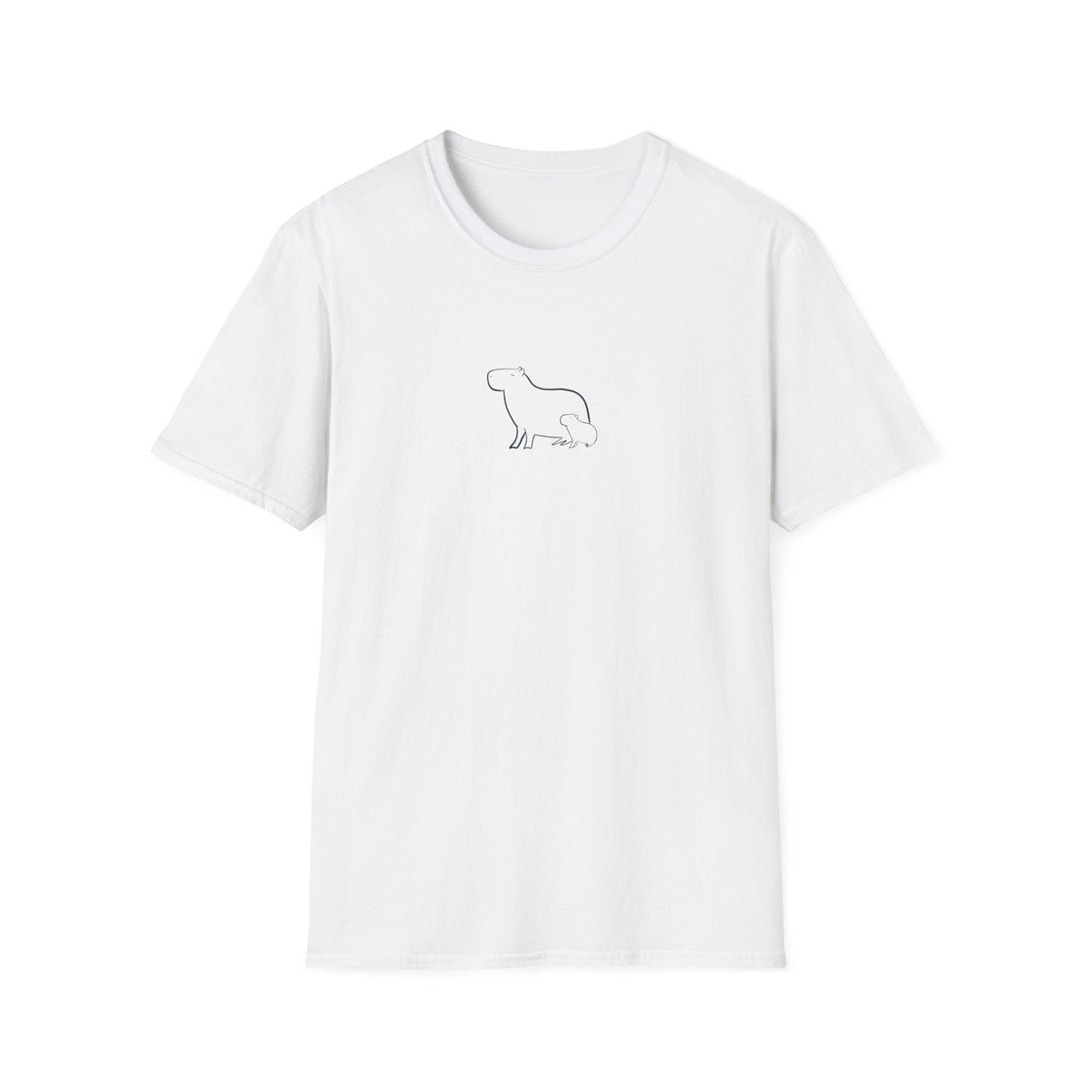 Capy Life white cotton t-shirt featuring a minimalist black line art illustration of a mother and baby capybara.