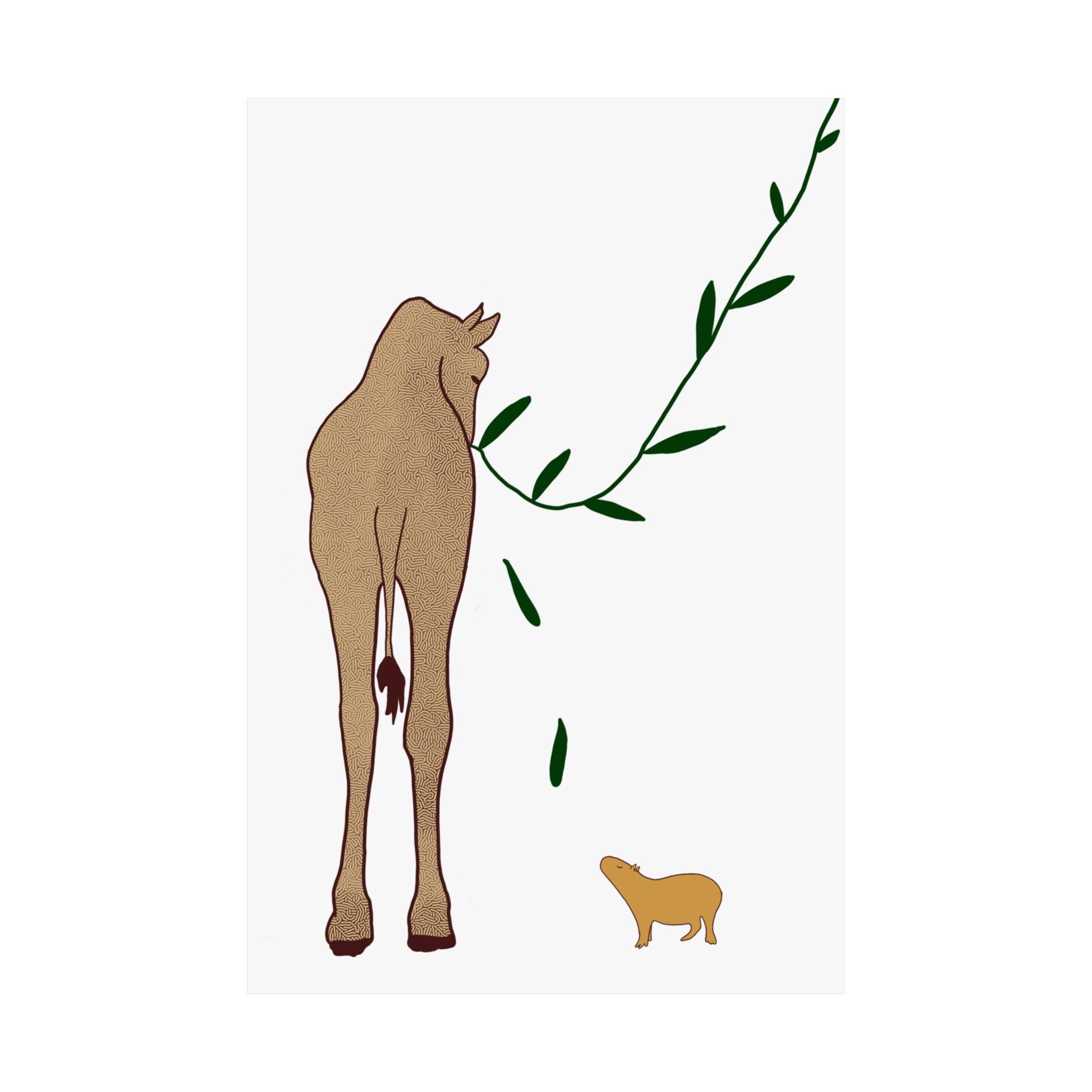 Capy Life minimalist wall art print featuring a textured giraffe and a small capybara with a green leafy branch.