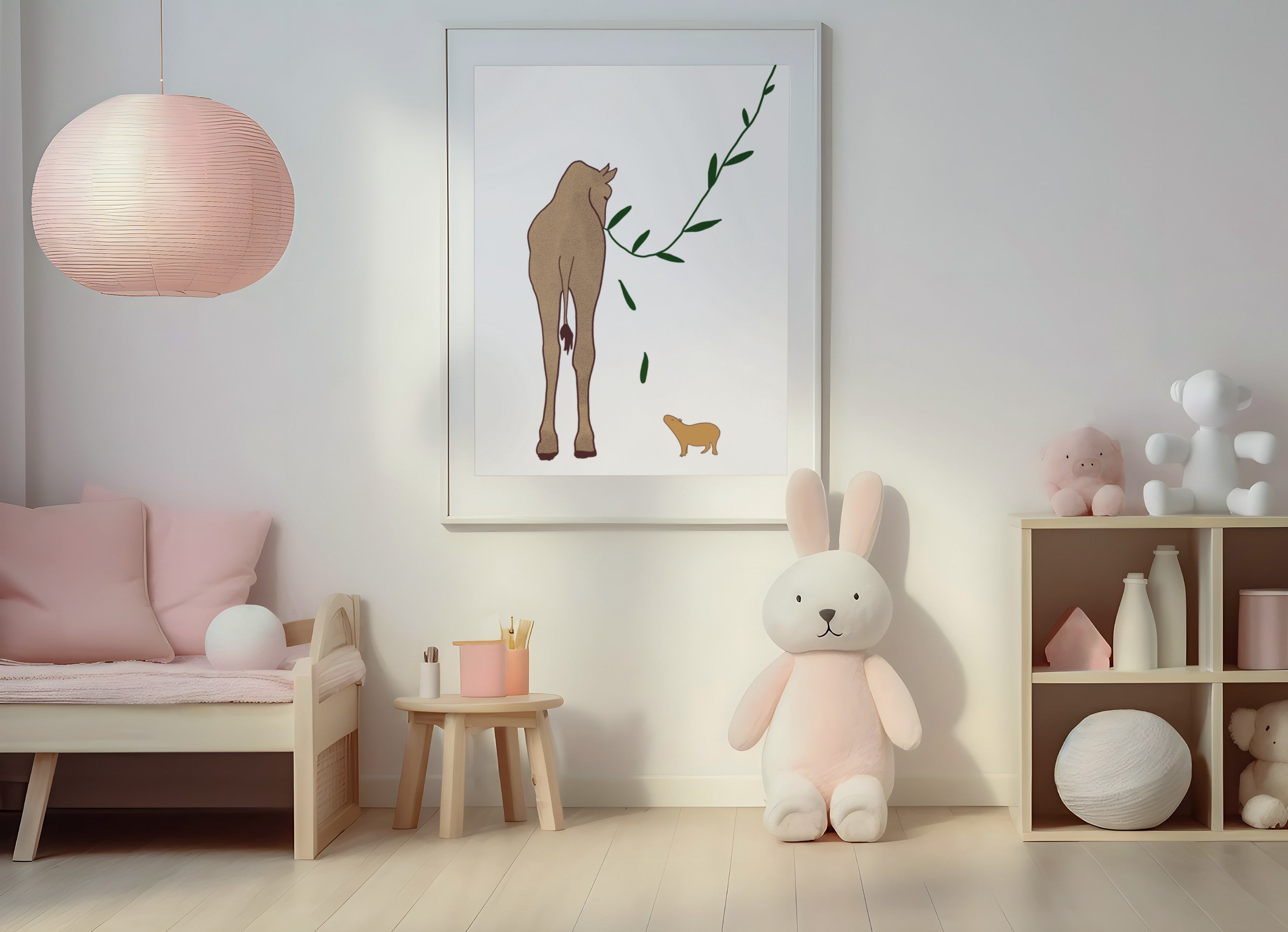 Capy Life minimalist wall art print featuring a giraffe and capybara, displayed in a modern neutral nursery room.
