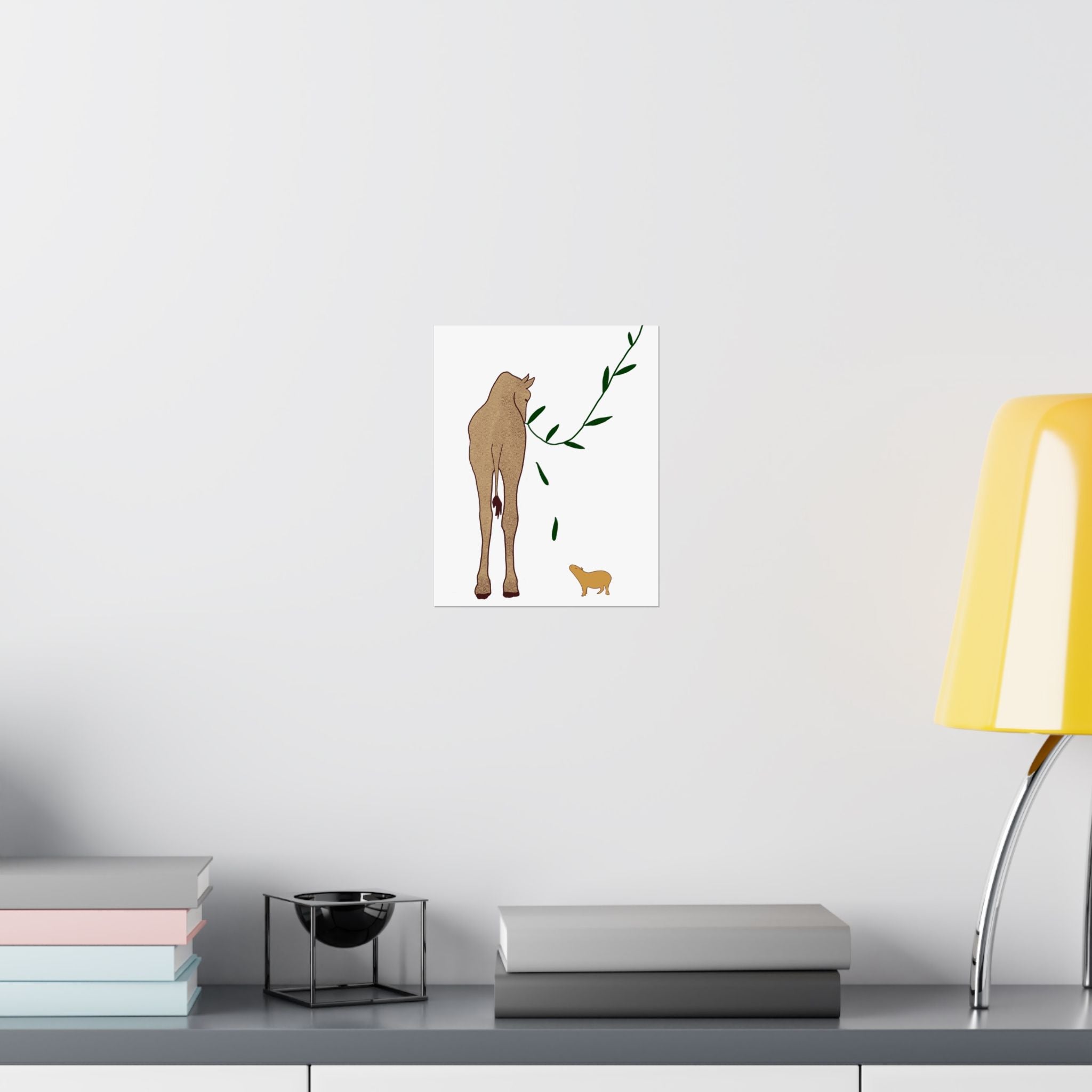Capy Life minimalist wall art print featuring a giraffe and capybara on a neutral background, displayed in a modern room.
