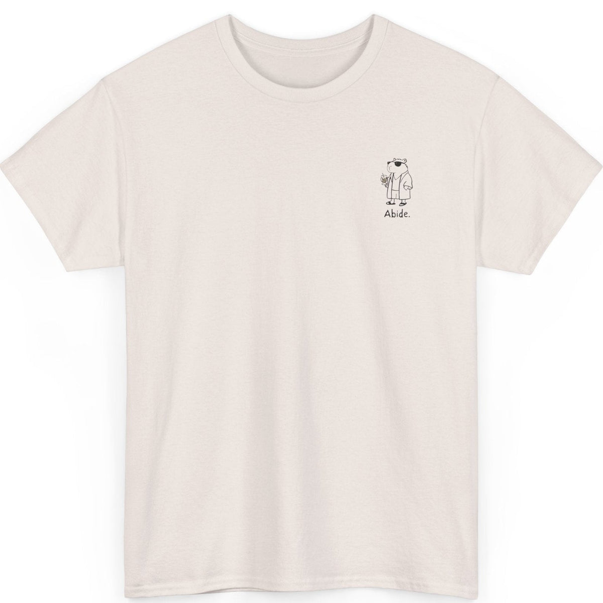 Capy Life off-white heavy cotton t-shirt with a small left chest graphic of a capybara in a robe and sunglasses.