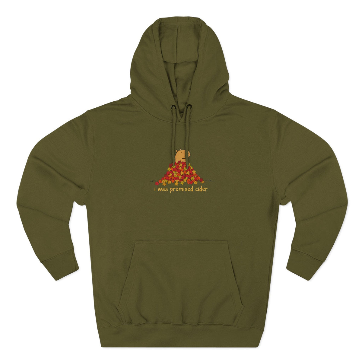 Capy Life olive green hoodie featuring a capybara in autumn leaves with the text I was promised cider