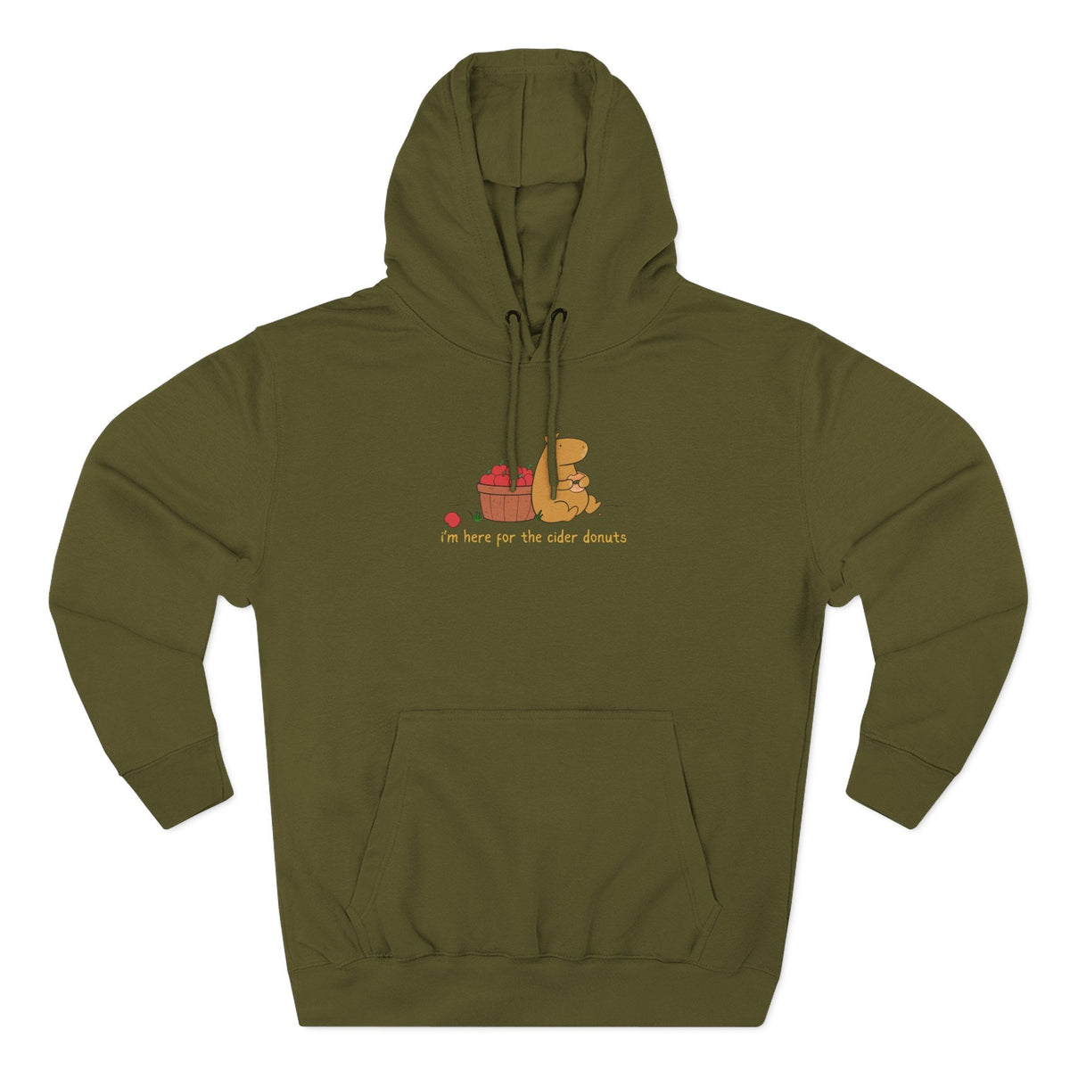 Capy Life olive green fleece hoodie featuring a hand-drawn capybara eating a cider donut next to a basket of apples.
