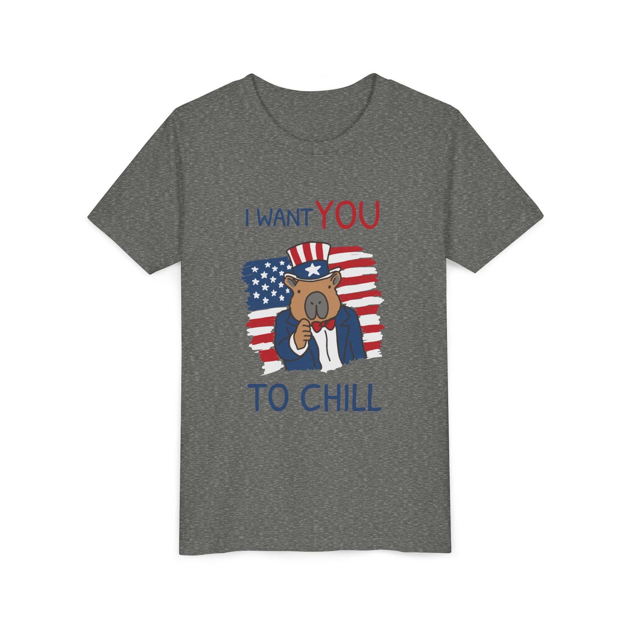 Capy Life kids grey t-shirt featuring a patriotic capybara in an Uncle Sam hat with the text I Want You To Chill