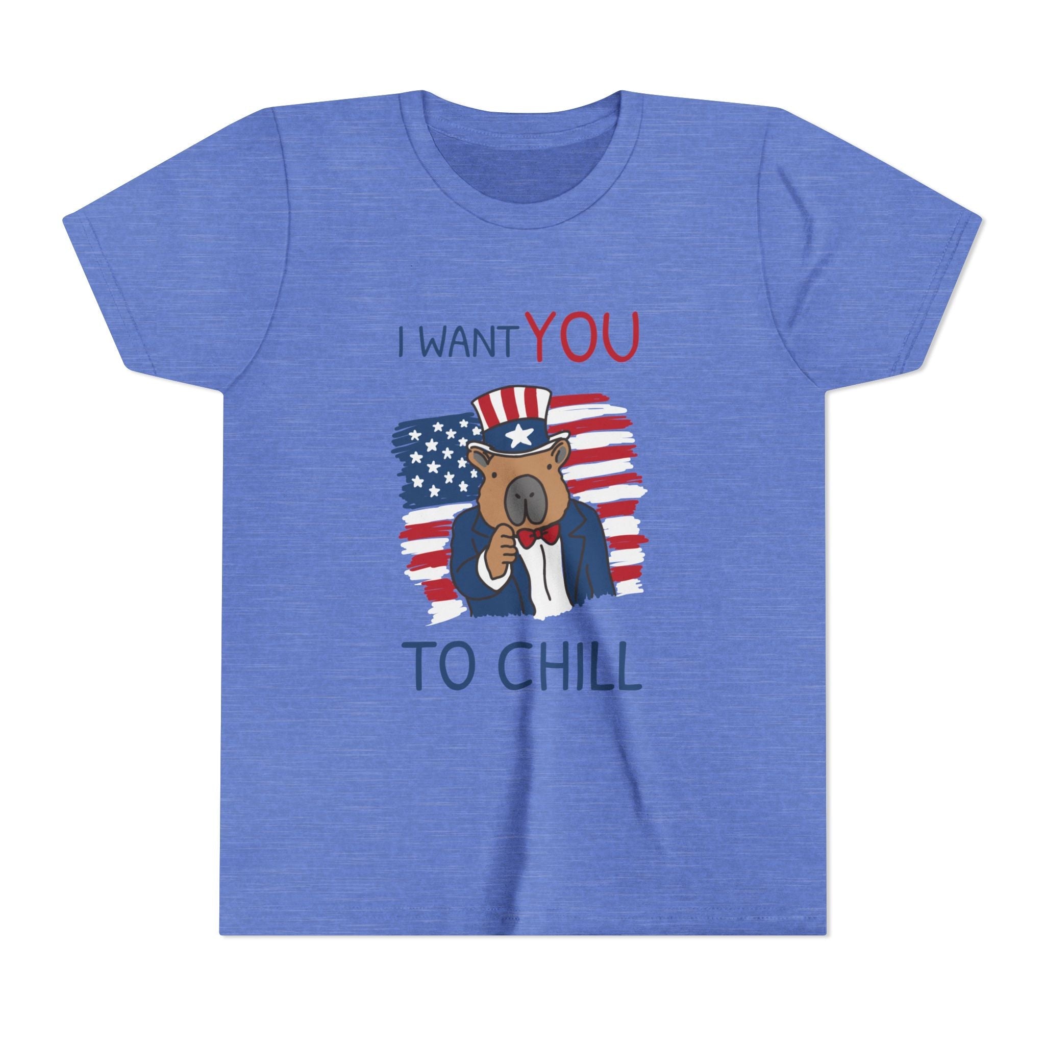 Capy Life blue kids t-shirt featuring a patriotic capybara in an Uncle Sam hat with I Want You to Chill text