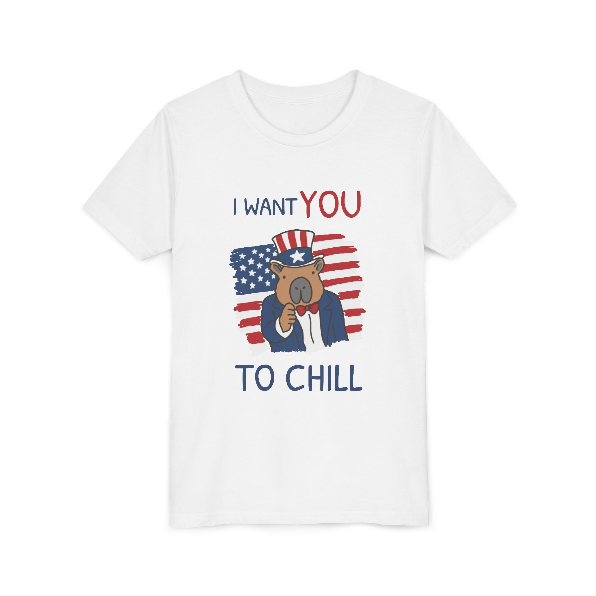 Capy Life white kids t-shirt featuring a patriotic capybara in an Uncle Sam hat with the text I Want You To Chill