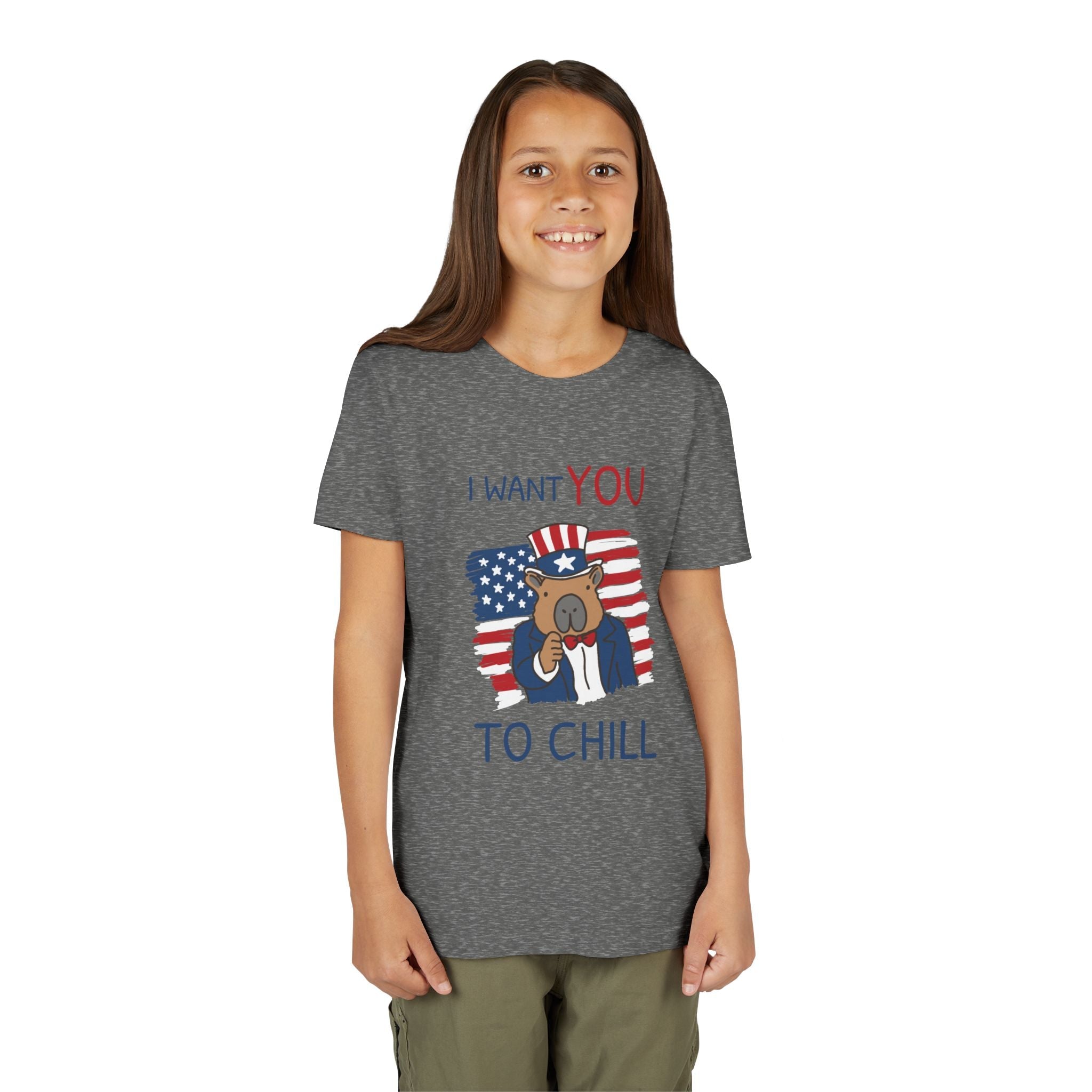 Capy Life kids grey t-shirt featuring a patriotic capybara wearing an Uncle Sam hat with I Want You To Chill text