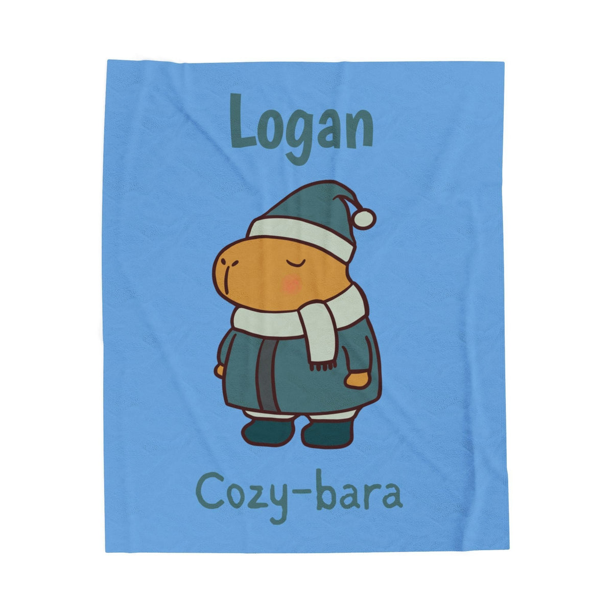 Capy Life personalized blue fleece blanket featuring a cute capybara in a winter hat and scarf with custom name Logan.