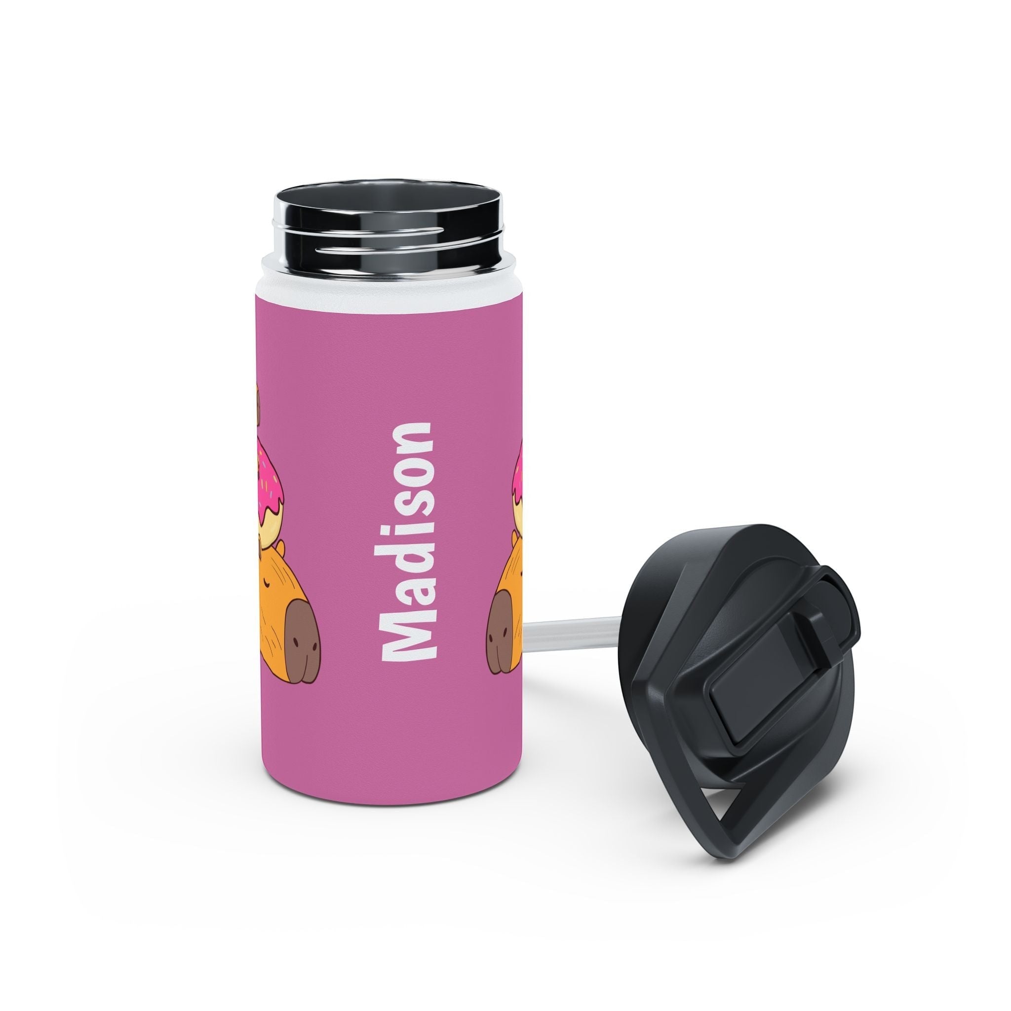 Capy Life personalized 12oz stainless steel water bottle in pink with a capybara on a donut design and name Madison