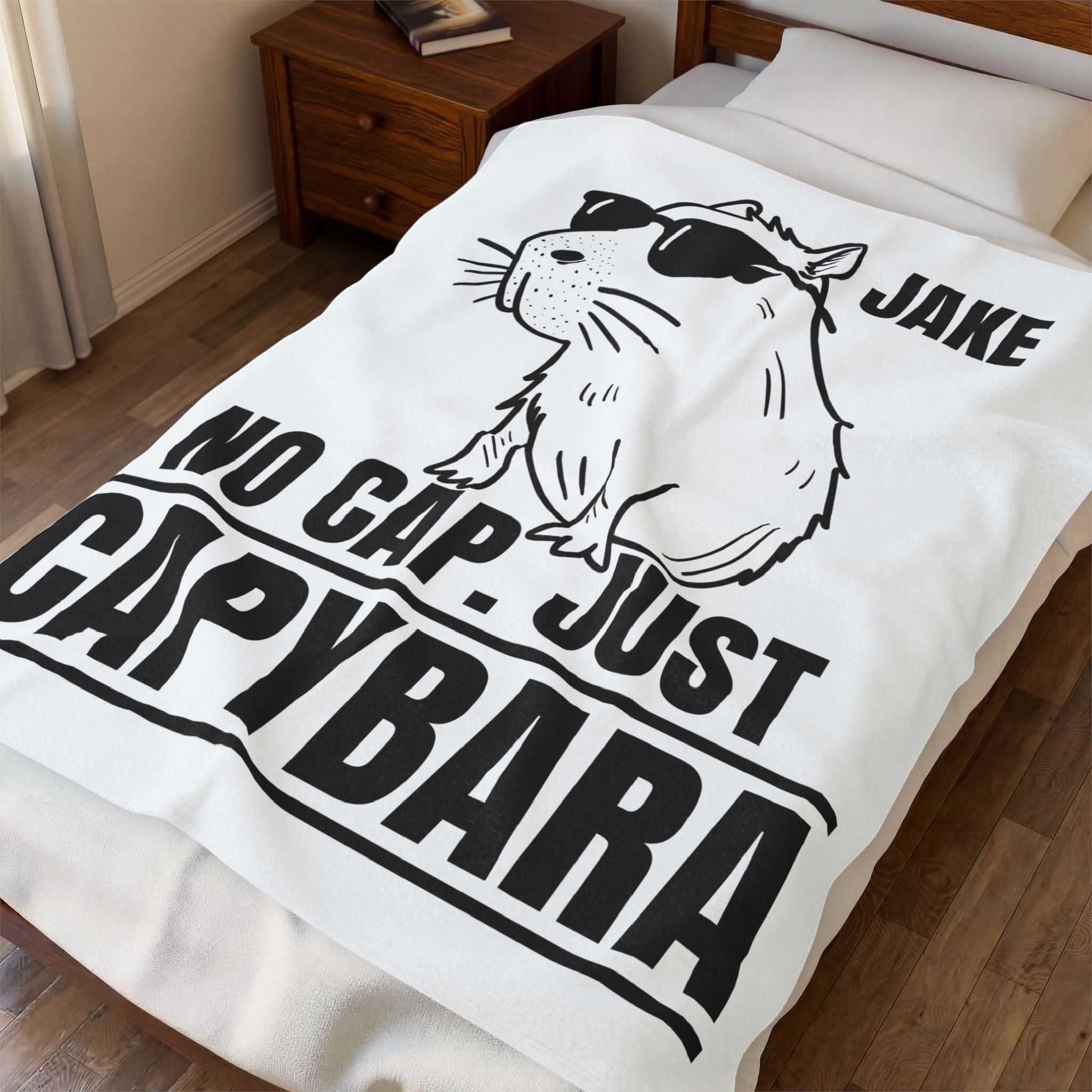 Capy Life personalized white fleece blanket featuring a cool capybara in sunglasses with the text No Cap Just Capybara