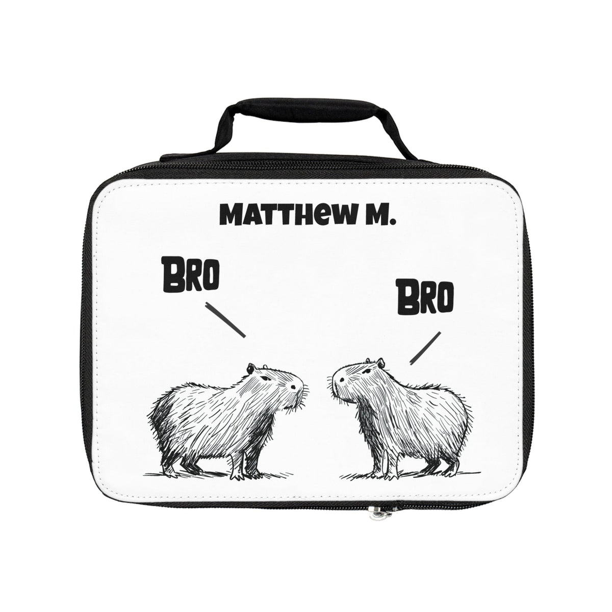 Capy Life personalized kids lunchbox featuring a hand-drawn illustration of two capybaras labeled Bro and a name.
