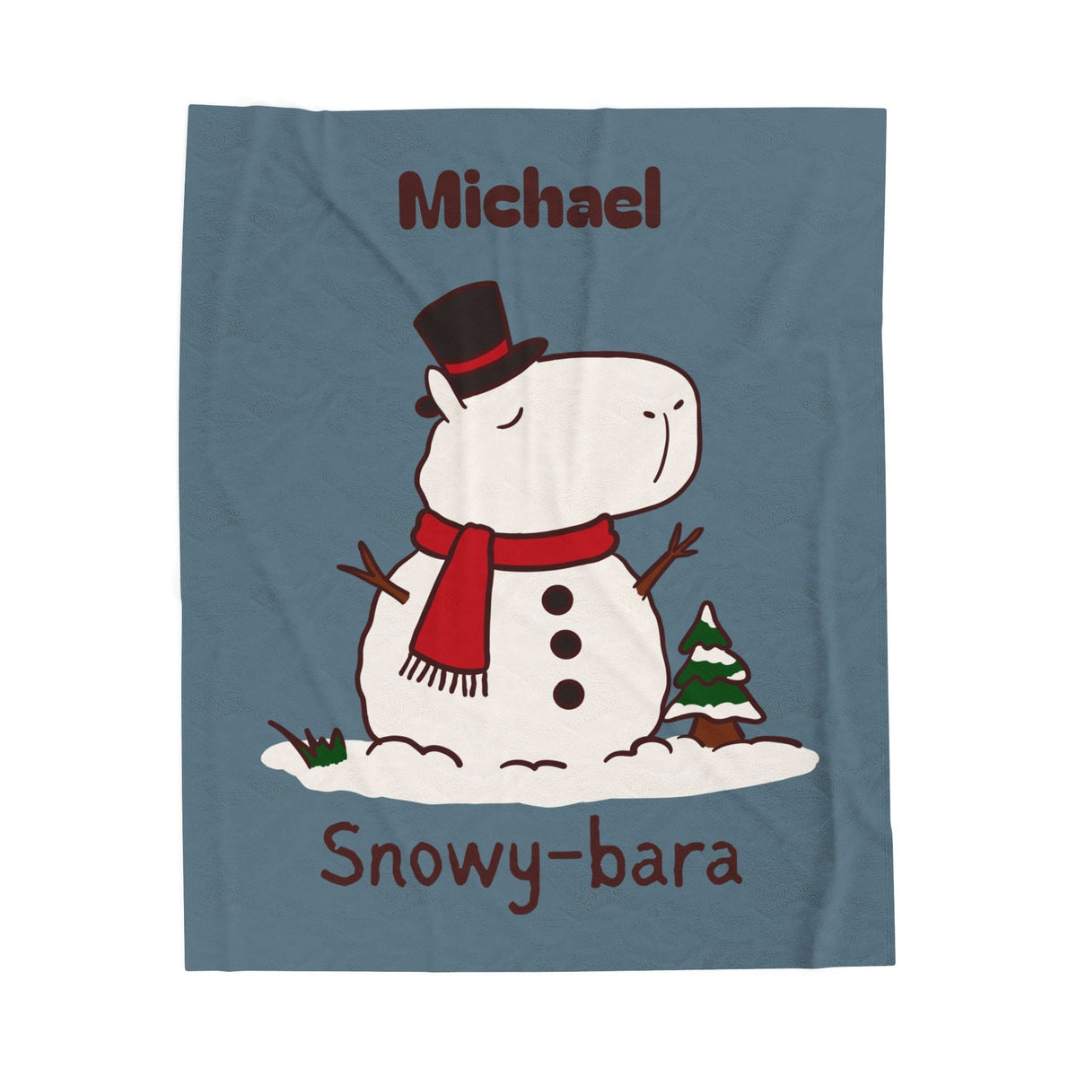 Capy Life personalized dusty blue blanket featuring a capybara snowman with a red scarf, top hat, and name Michael.