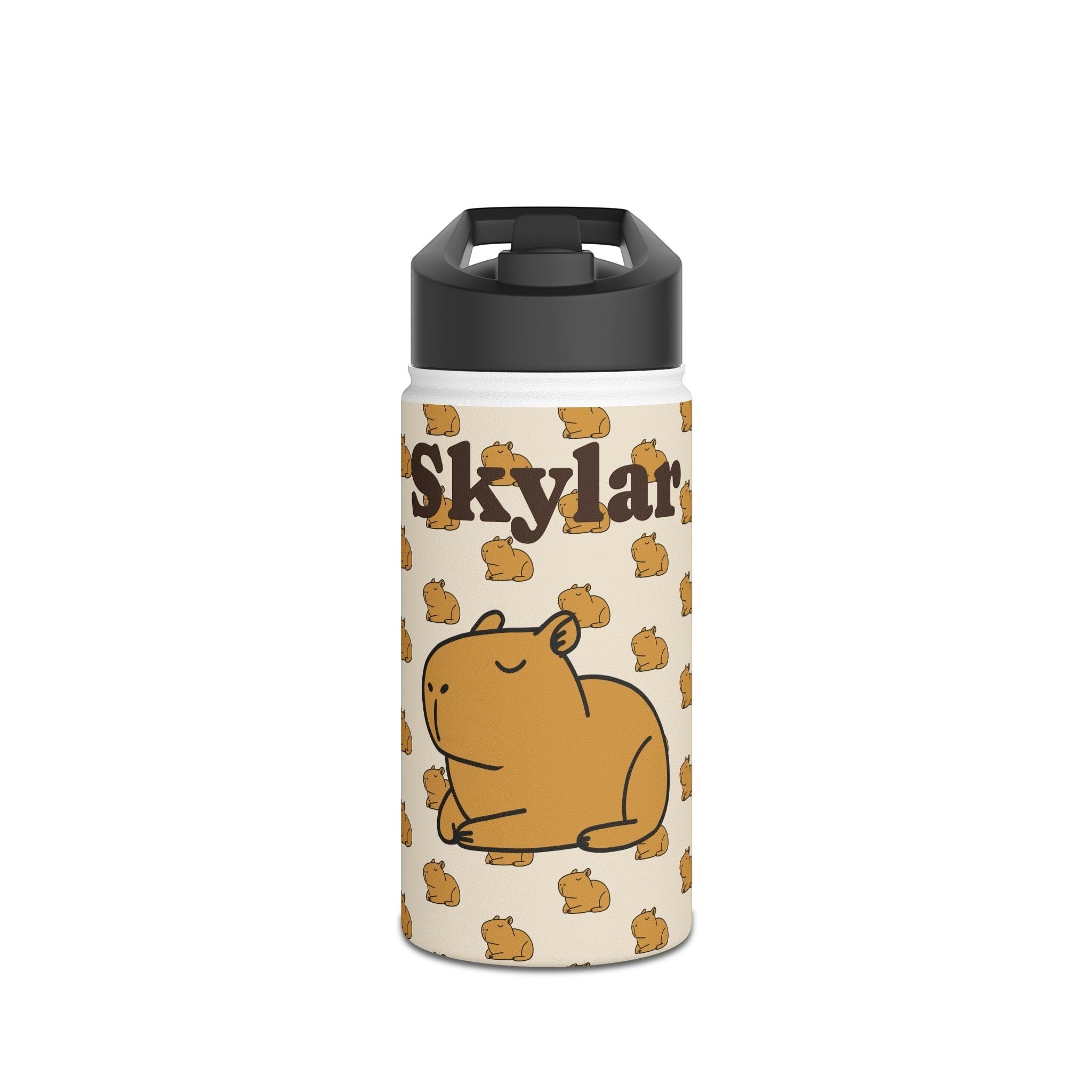 Capy Life personalized kids water bottle with a cute capybara pattern and the name Skylar in brown text.