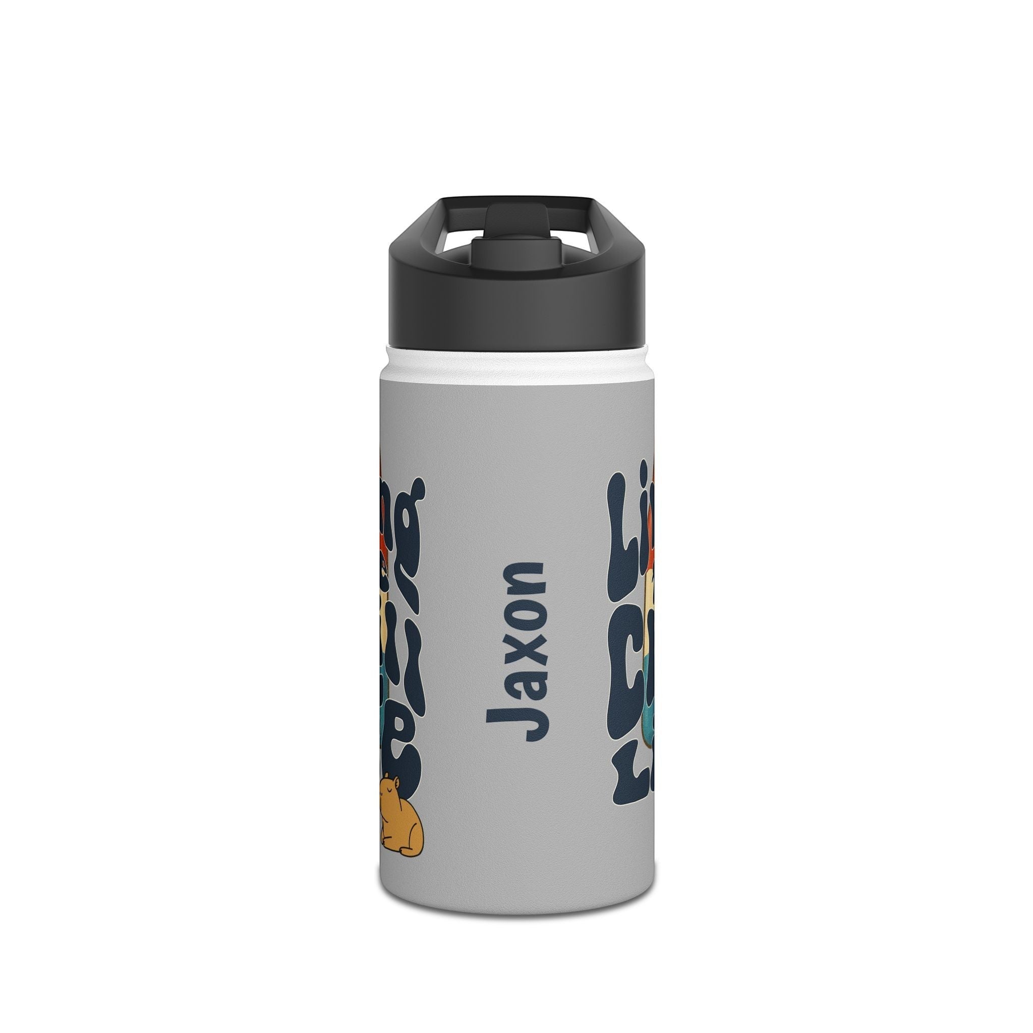 Capy Life personalized kids water bottle with retro popsicle design, capybara illustration, and Jaxon name label.