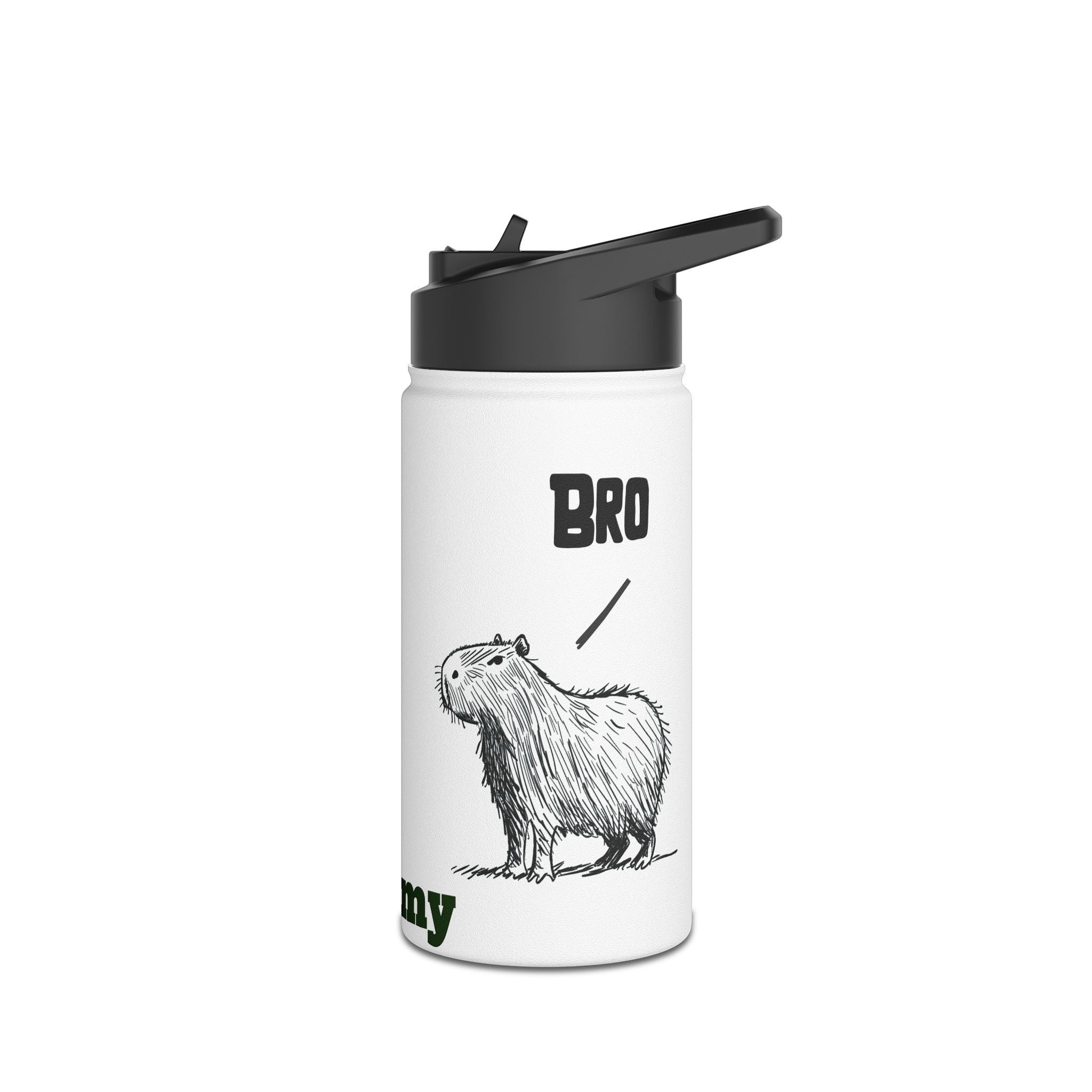 Capy Life personalized white kids water bottle featuring a hand-drawn capybara illustration and the word Bro.