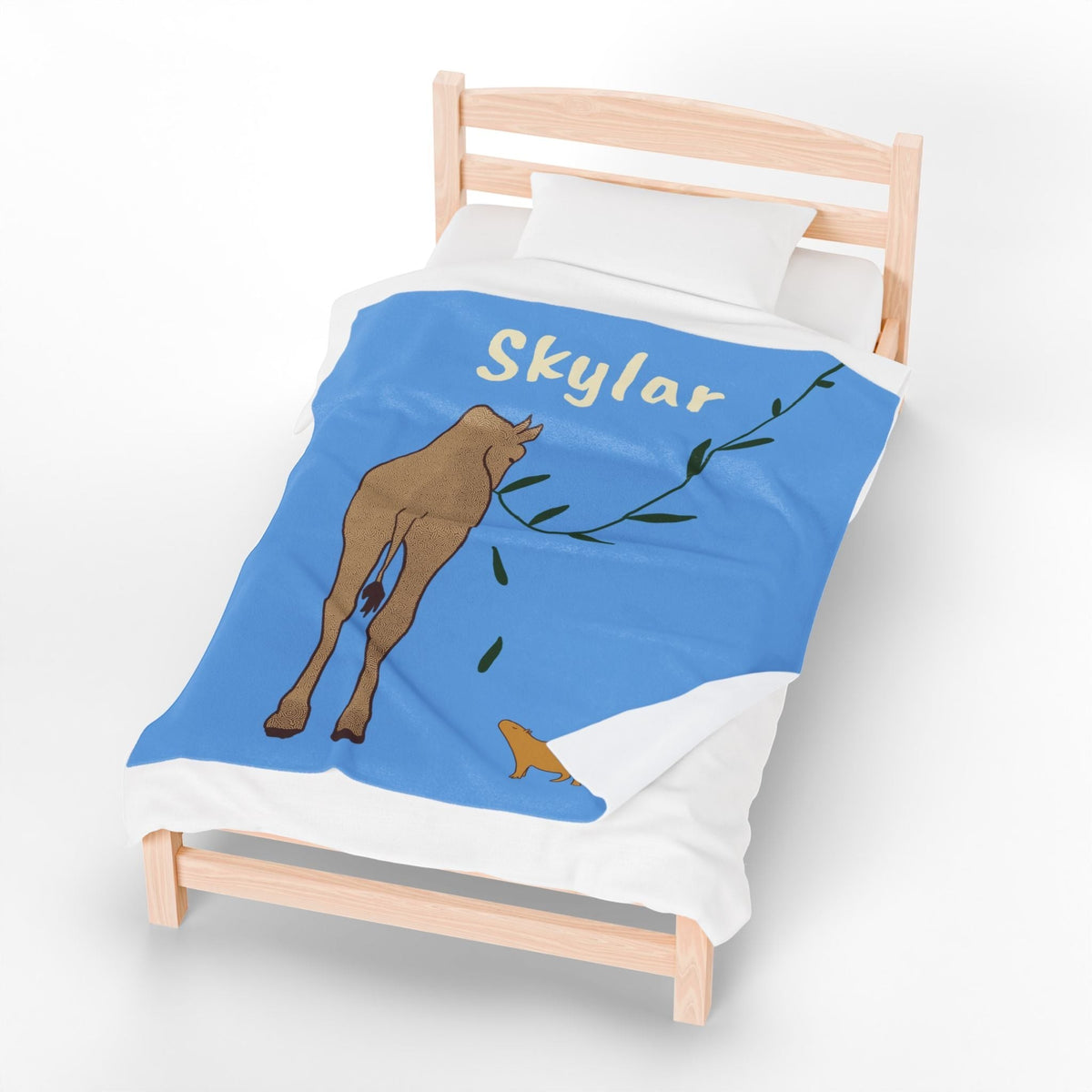 Capy Life personalized baby blanket with a giraffe and capybara safari illustration on a blue background.