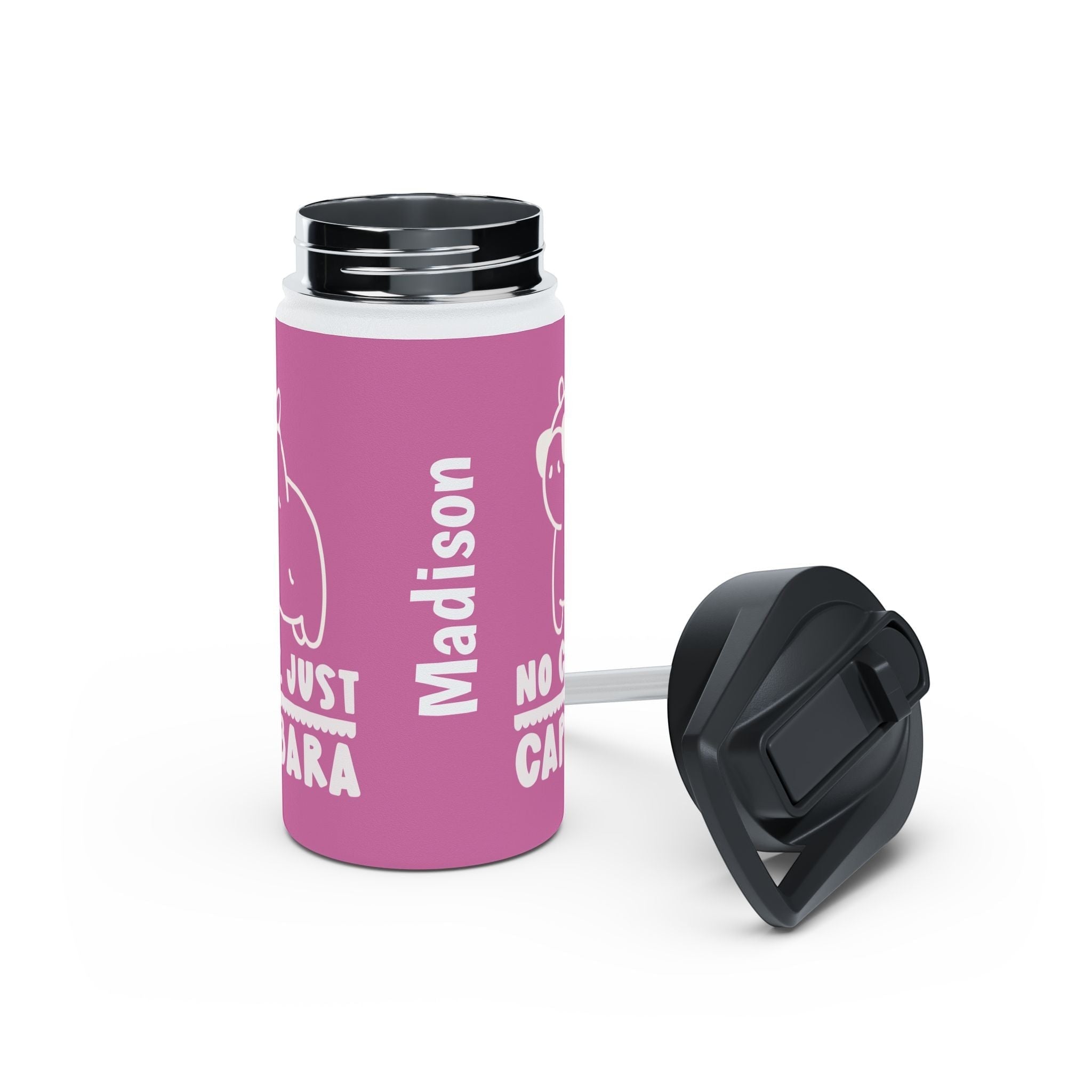 Capy Life personalized pink stainless steel kids water bottle with kawaii capybara graphic and name Madison