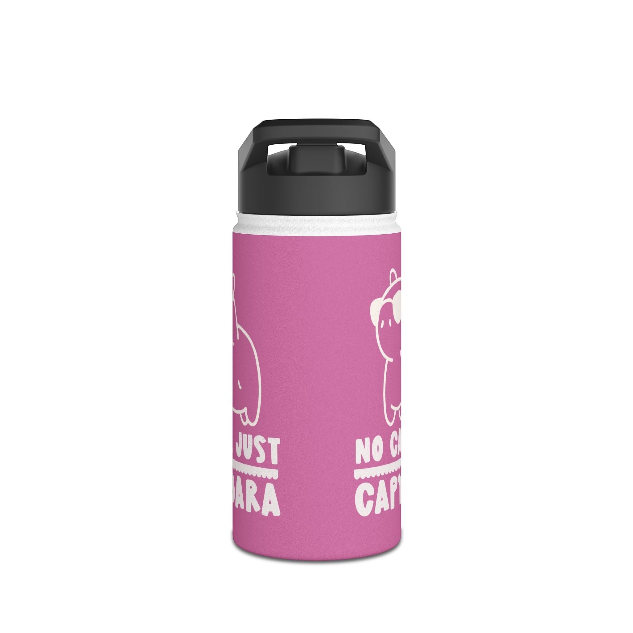 Capy Life personalized pink stainless steel kids water bottle featuring a kawaii capybara and retro text design.