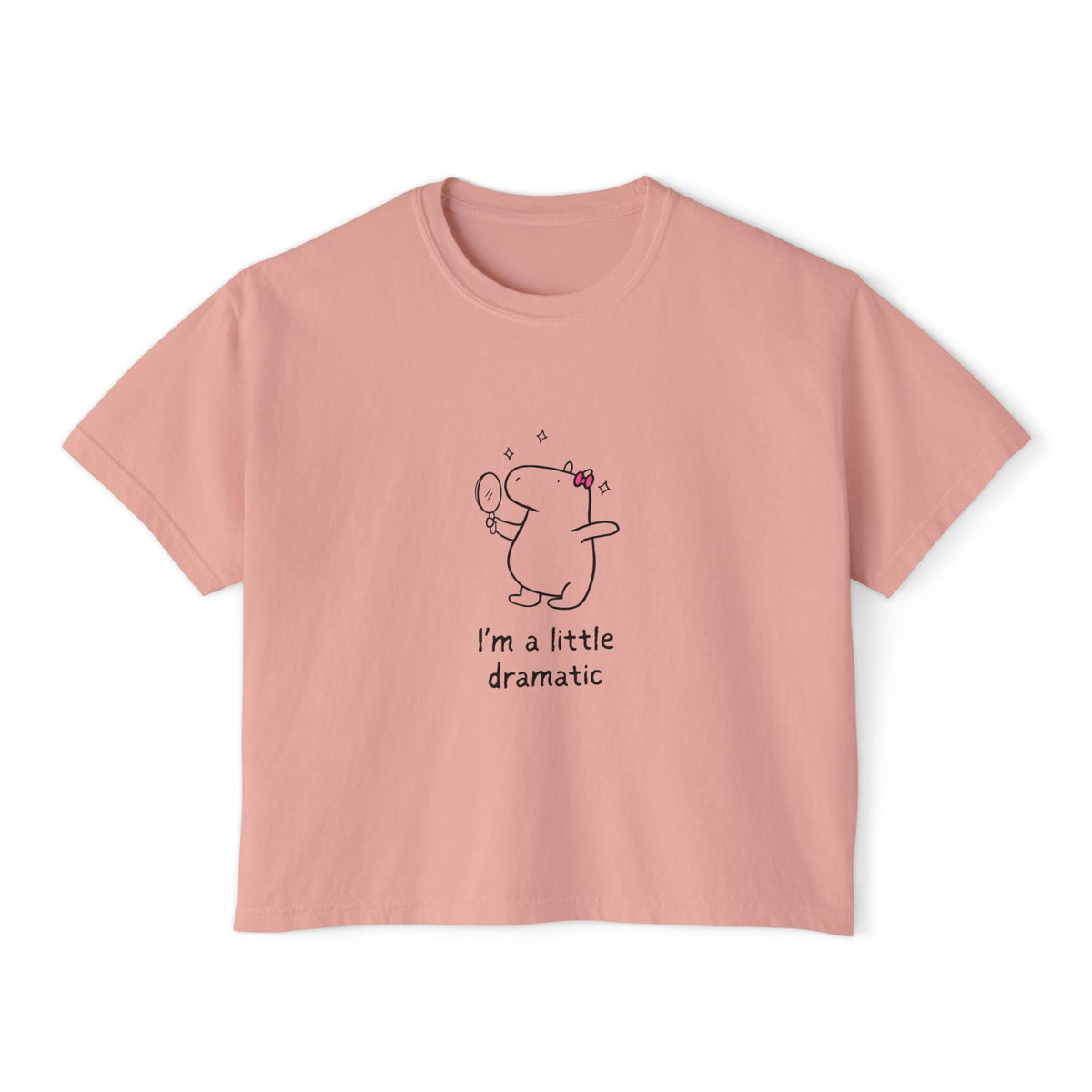 Capy Life women's dusty pink boxy t-shirt featuring a cute capybara illustration with a mirror and dramatic text.