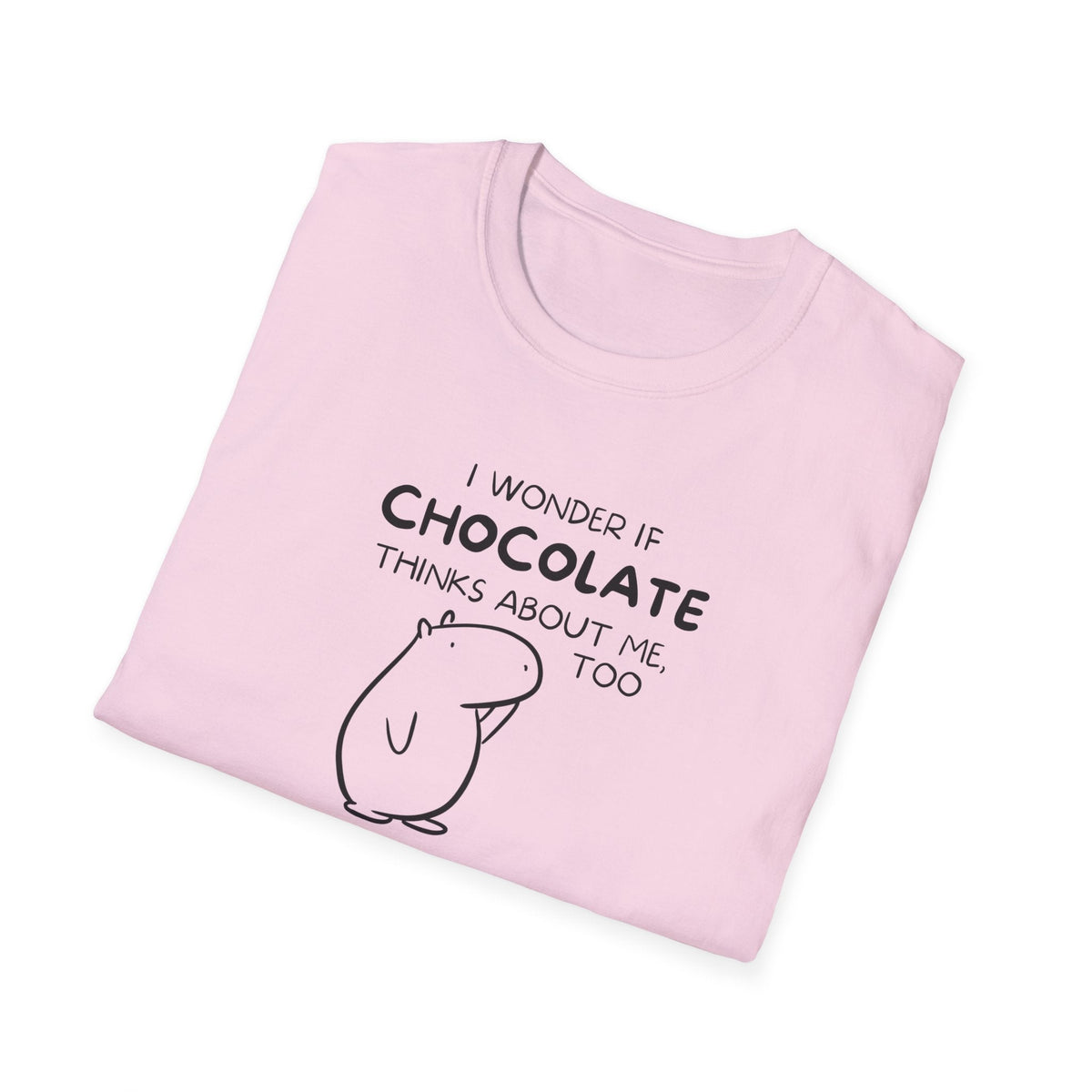 Capy Life light pink softstyle t-shirt featuring a black line art capybara and the text I wonder if chocolate thinks about me too