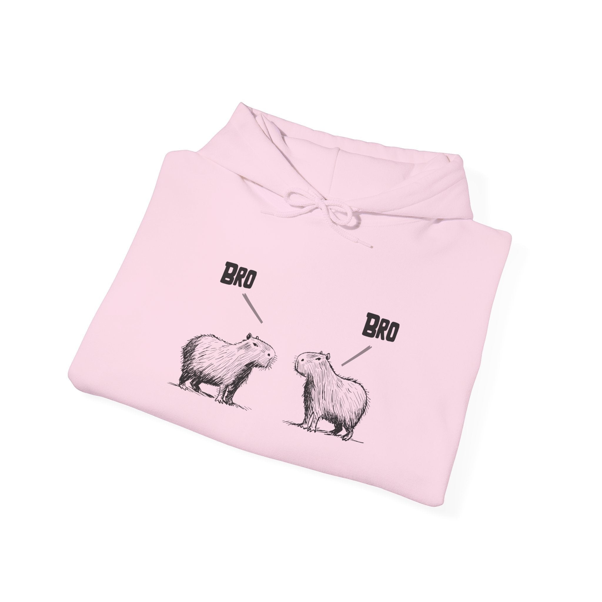 Capy Life light pink pullover hoodie featuring a funny sketch of two capybaras saying Bro to each other.