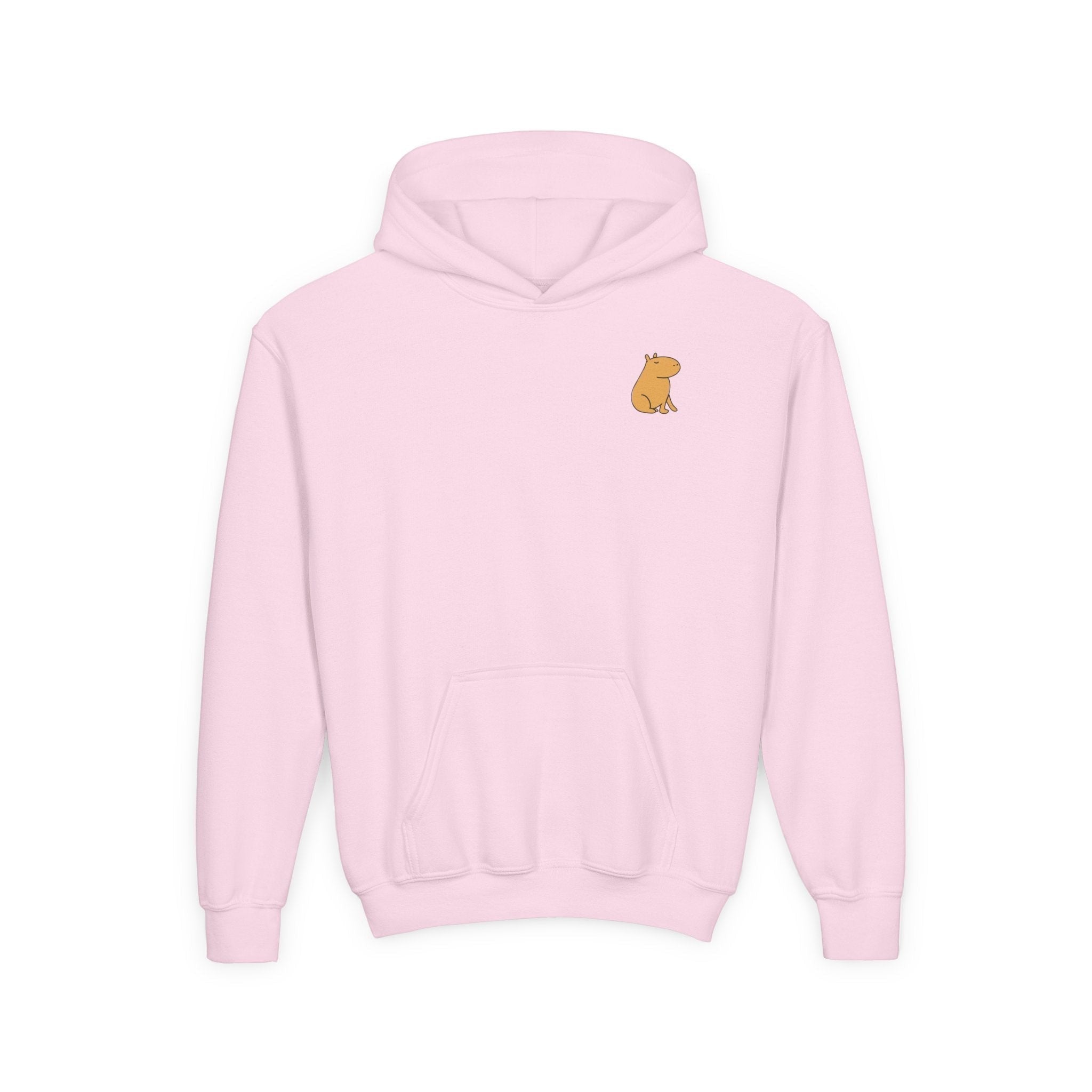 Capy Life light pink hoodie featuring a small, minimalist capybara graphic on the left chest, fleece-lined cotton.