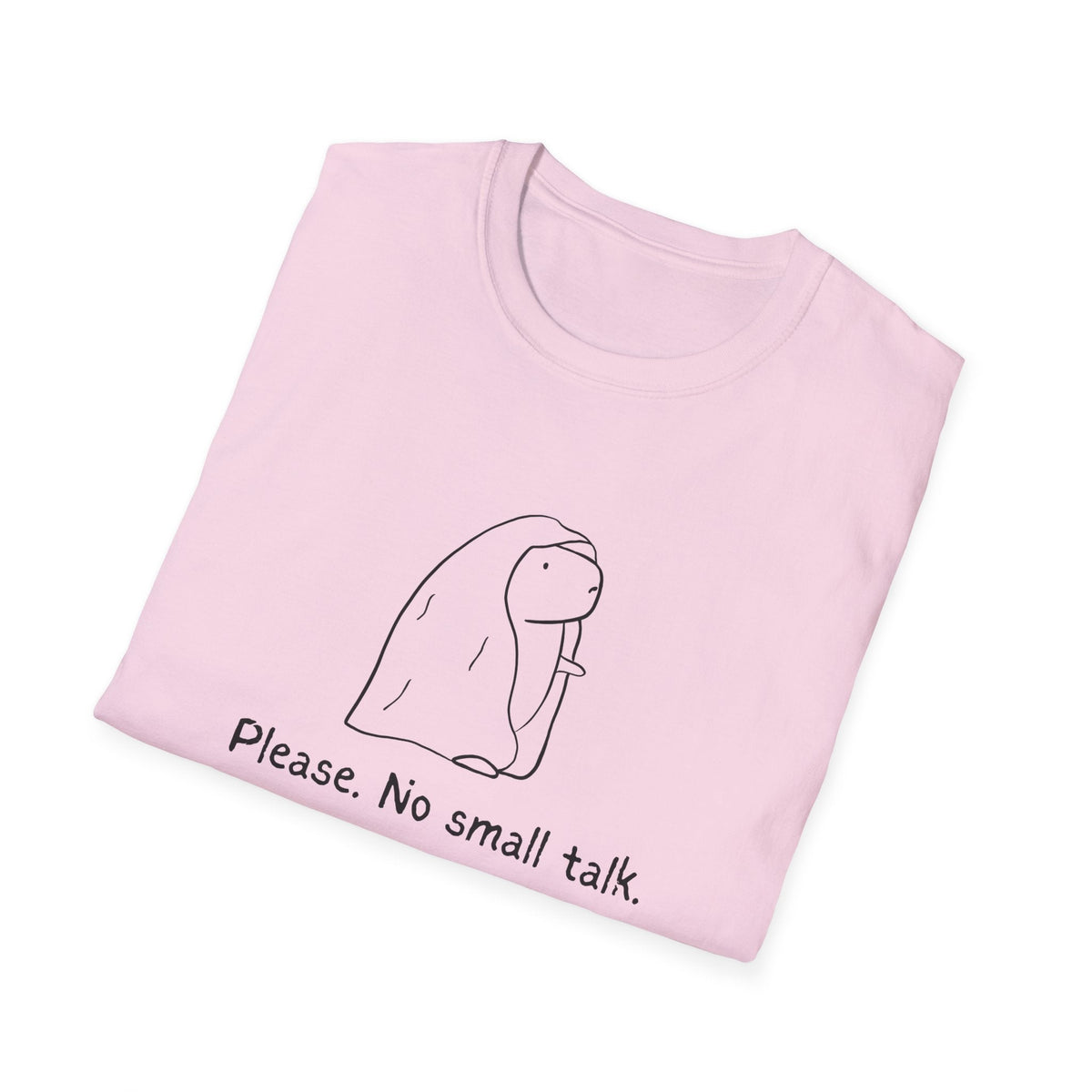 Capy Life light pink softstyle t-shirt featuring a minimalist capybara illustration and Please. No small talk. text.