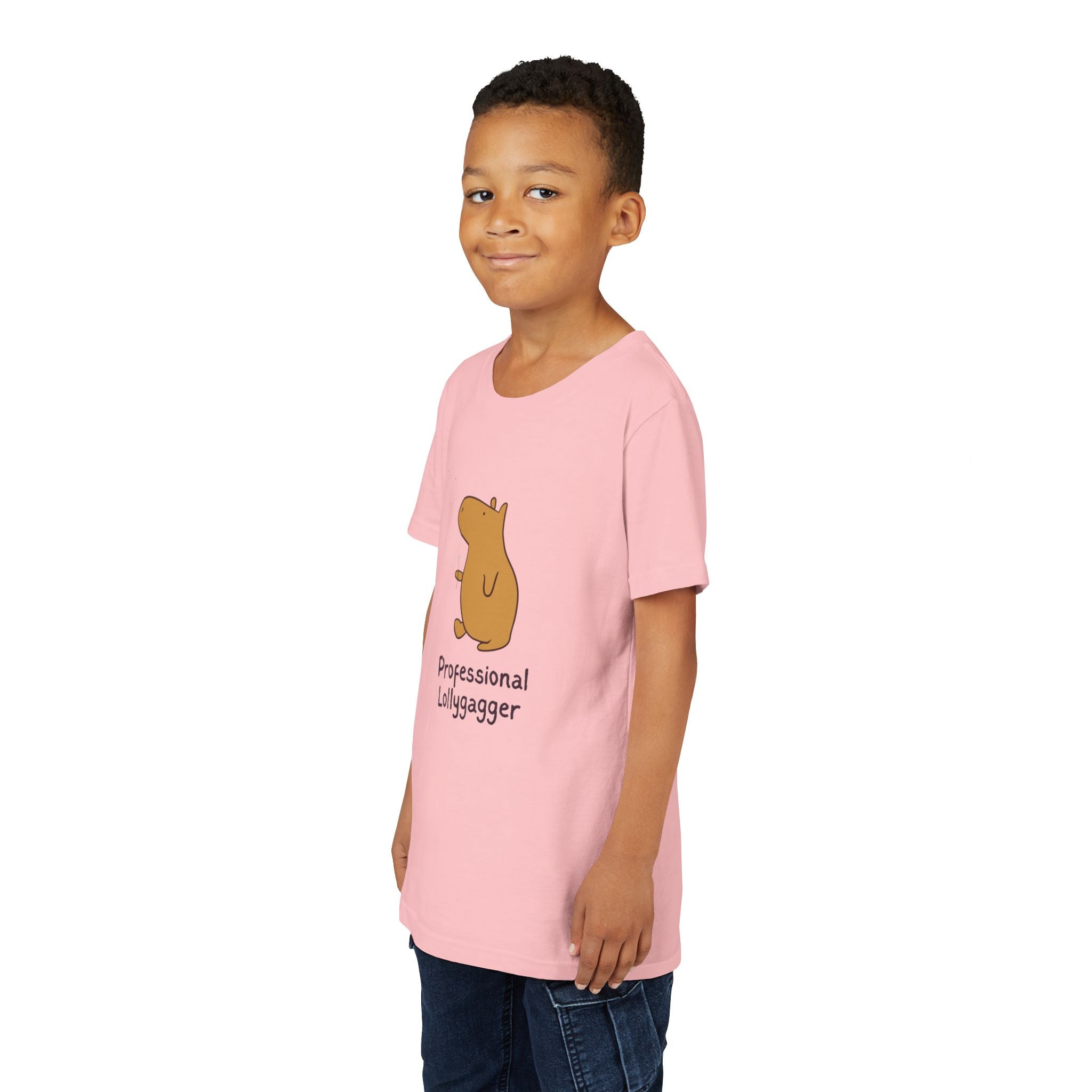 Capy Life kids light pink cotton t-shirt featuring a cute capybara graphic and Professional Lollygagger text