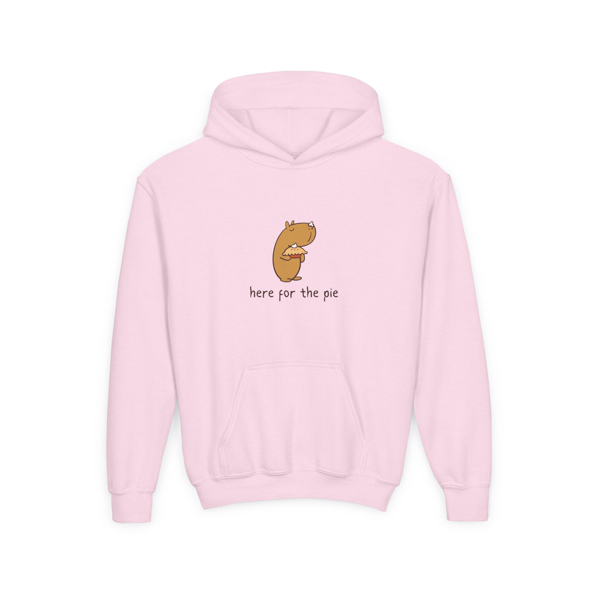 Capy Life light pink kids hoodie featuring a cute illustration of Gene the capybara holding a slice of pie