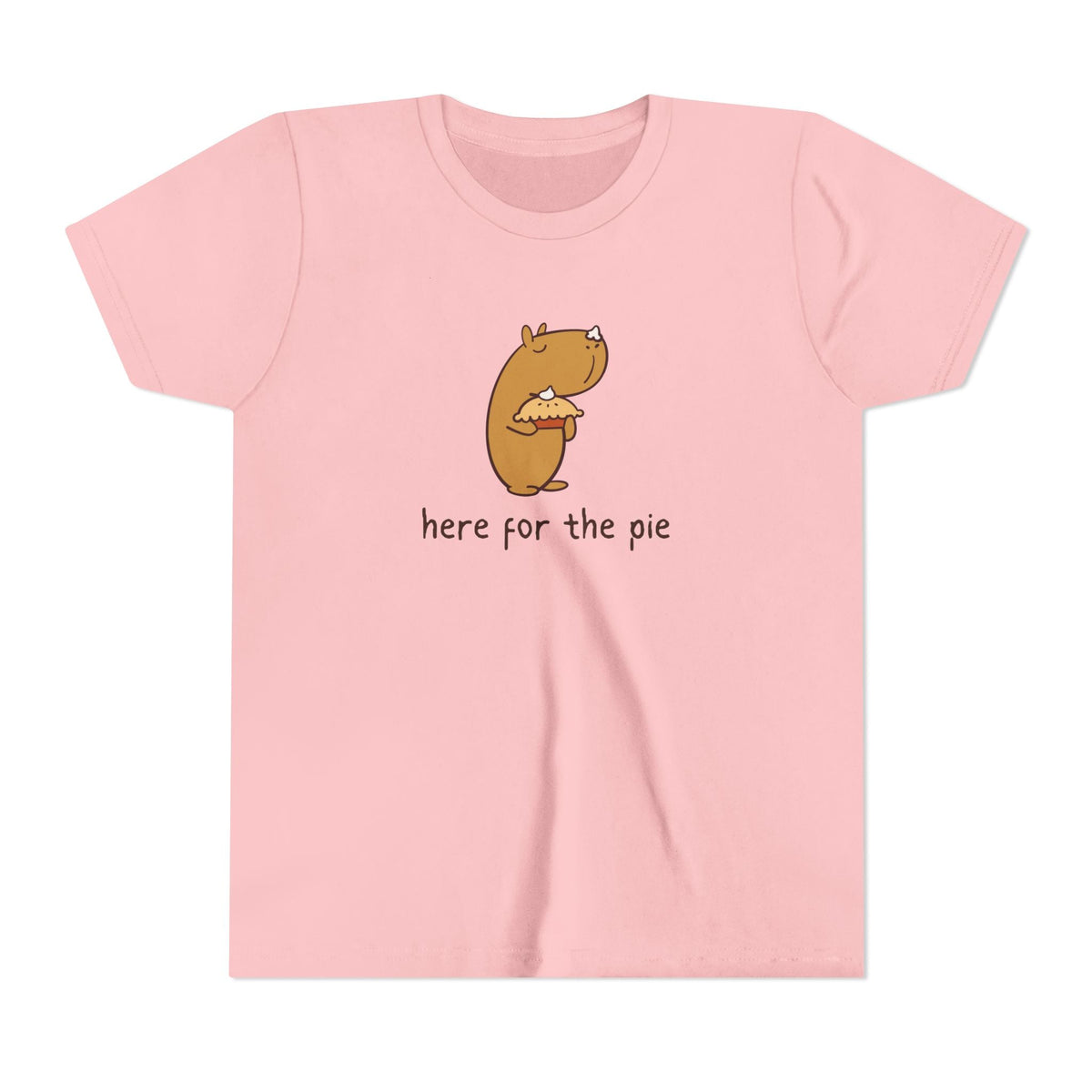 Capy Life kids pink t-shirt featuring a cute cartoon capybara holding a pie with the text here for the pie