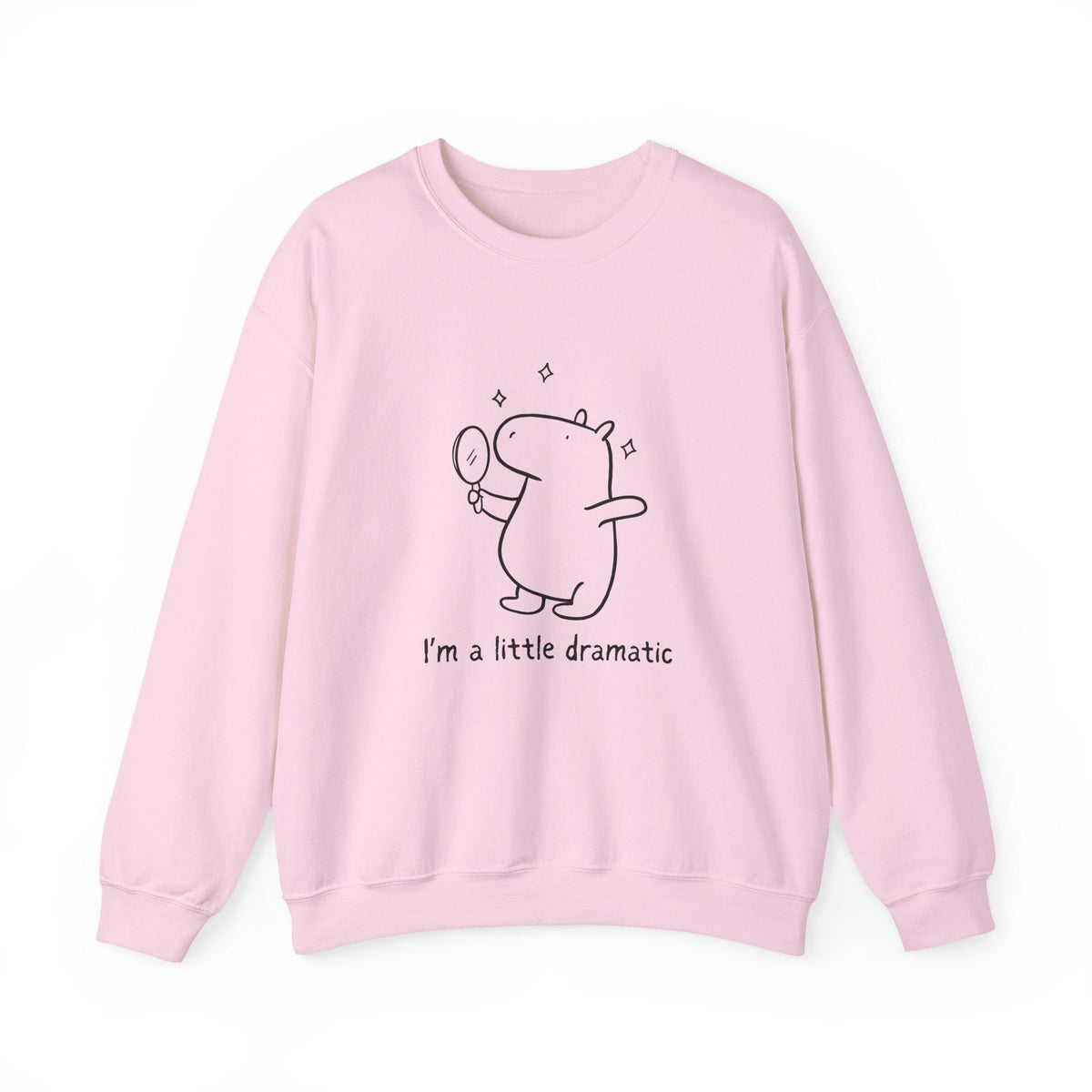 Capy Life light pink crewneck sweatshirt featuring a line-art capybara holding a mirror with the text I am a little dramatic