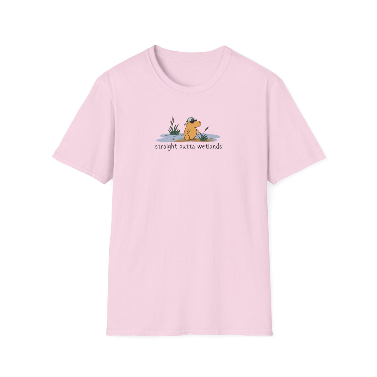 Capy Life light pink softstyle t-shirt featuring a small hand-drawn capybara wearing a backwards hat in a wetland.