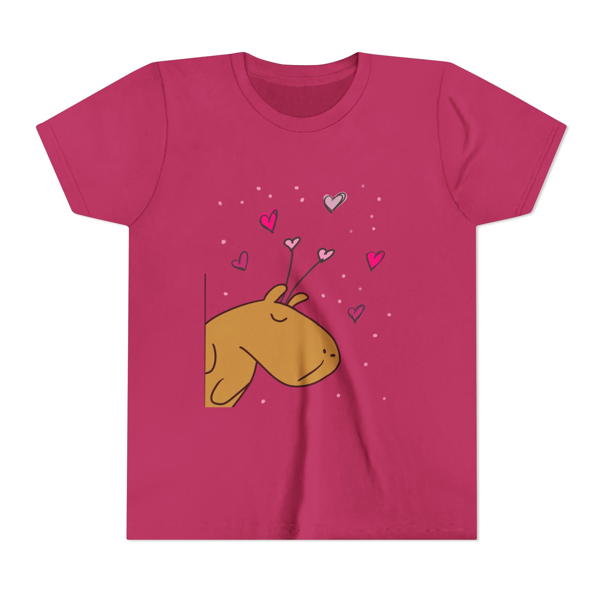 Capy Life youth t-shirt in dark pink featuring a cute Gene the Capybara graphic with floating hearts for Valentine's
