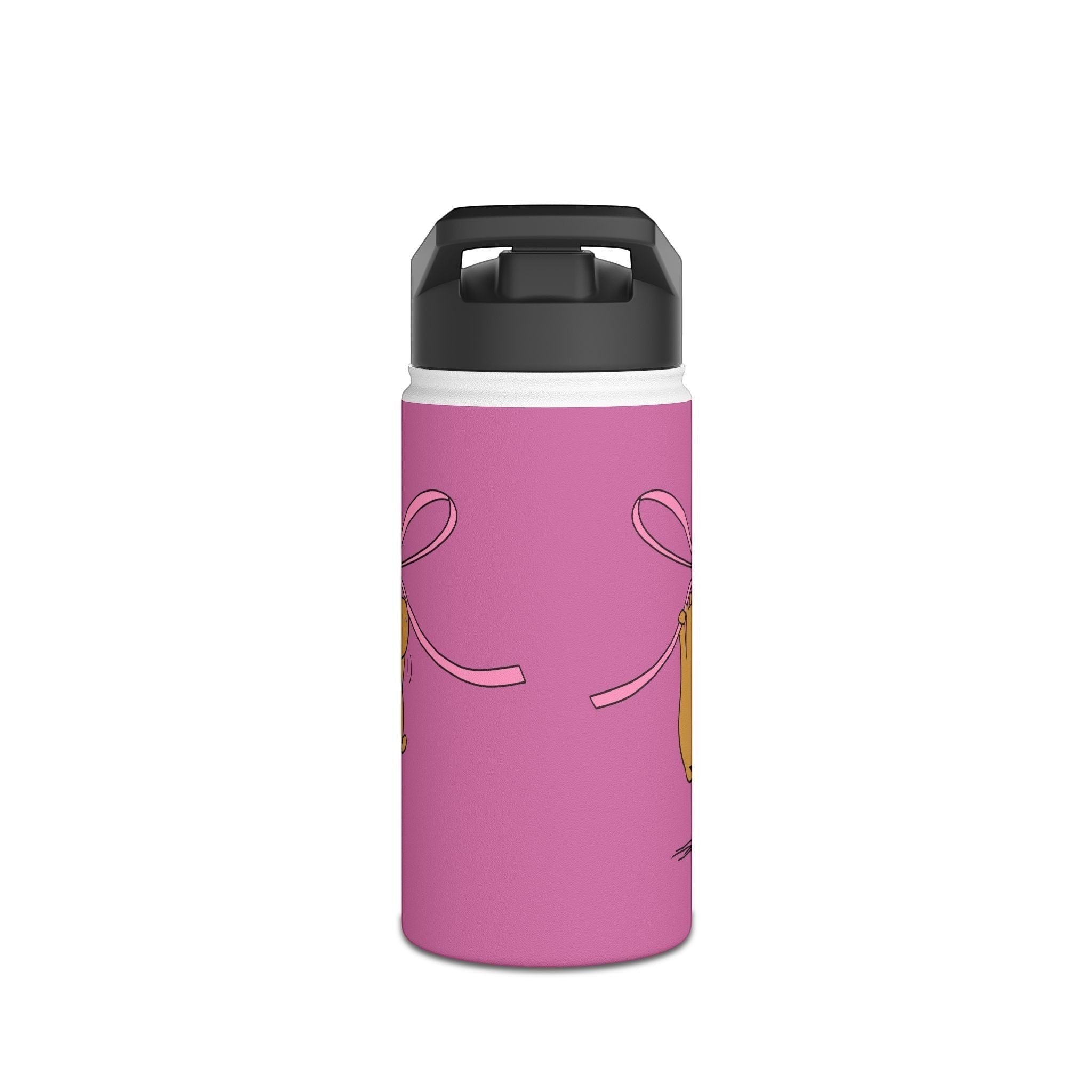 Capy Life personalized kids water bottle in pink with a cute capybara and coquette ribbon bow illustration