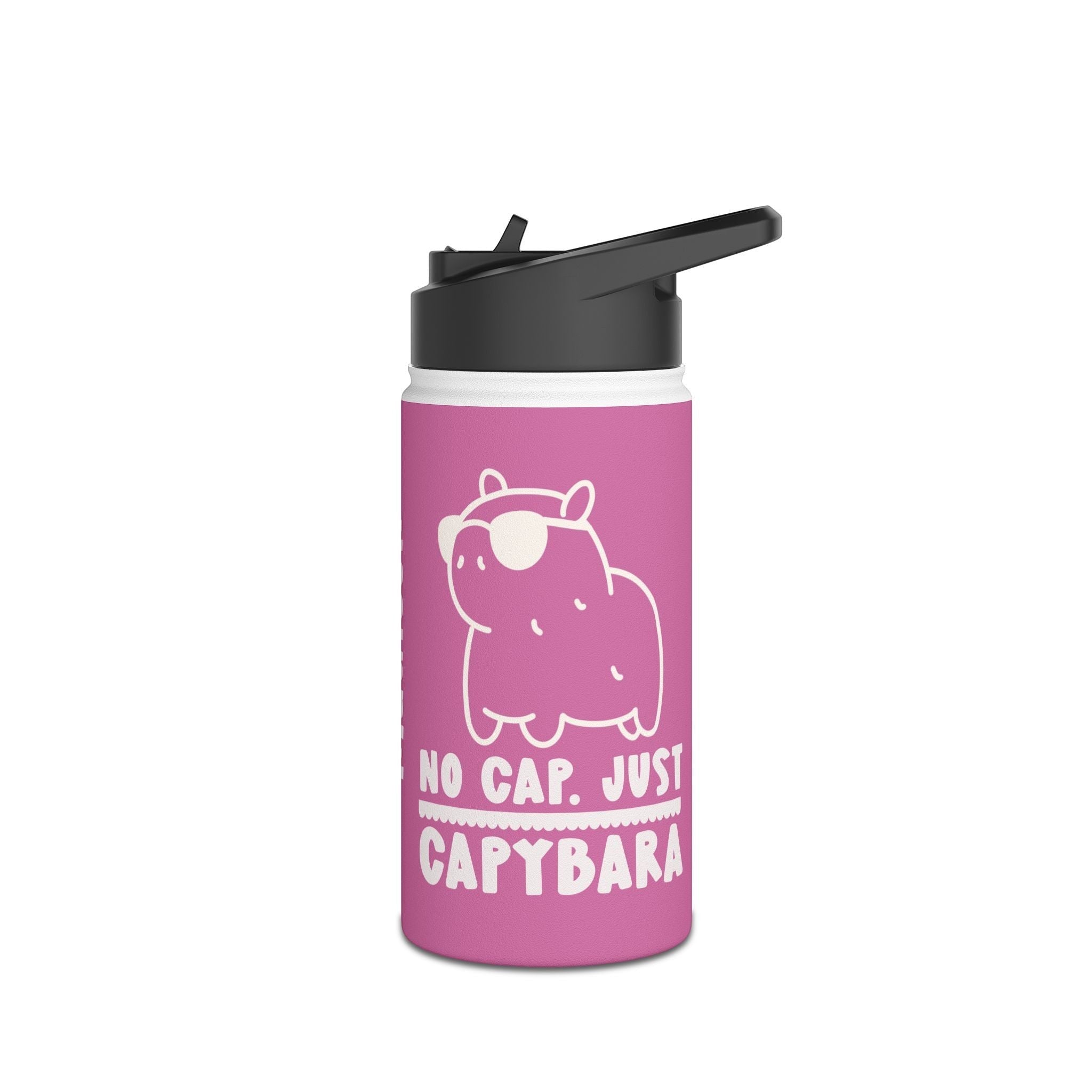 Capy Life personalized pink stainless steel kids water bottle with a kawaii capybara wearing sunglasses and text